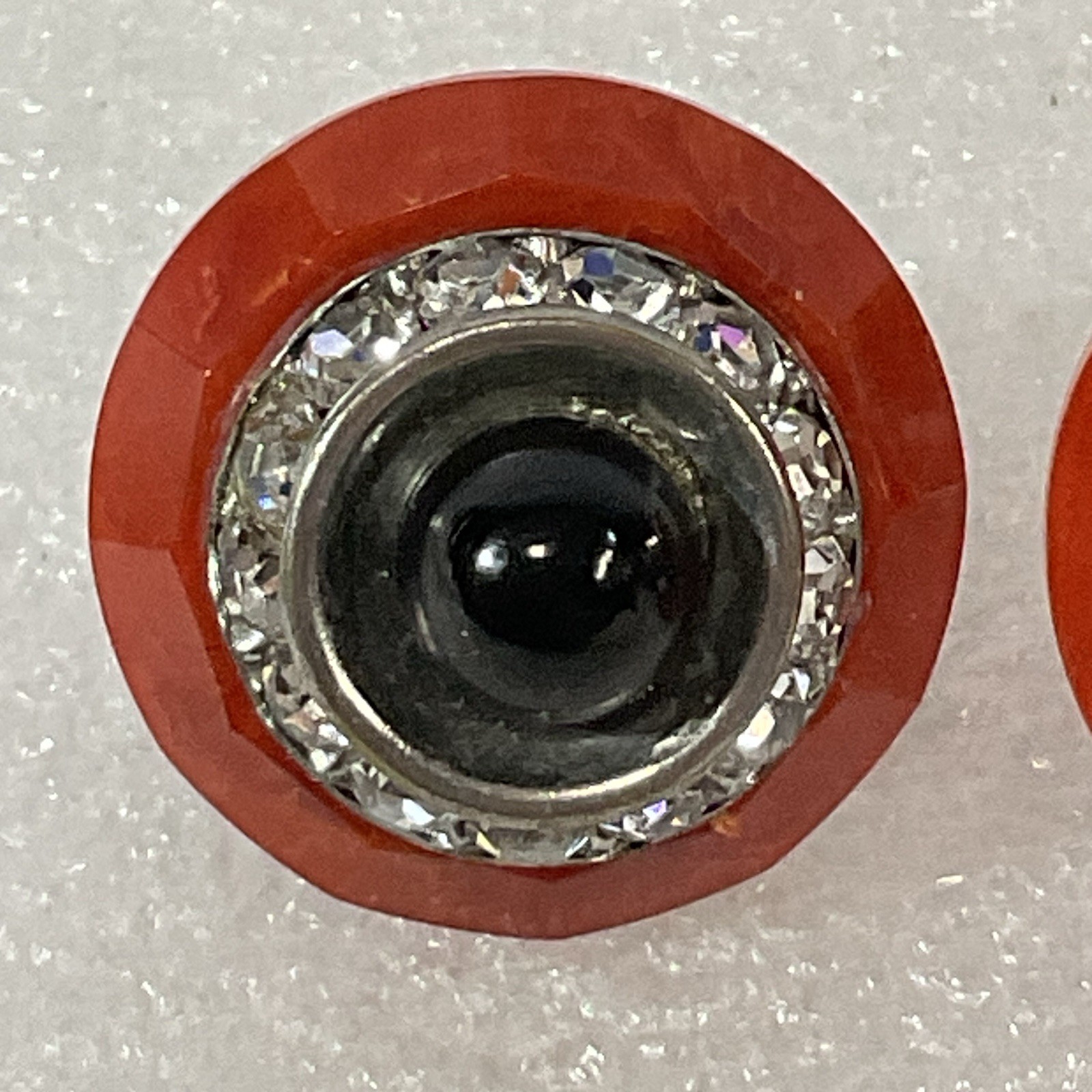 Vintage Bold Round Clip-On Earrings Red & Black Rhinestone Black Center - Image 2