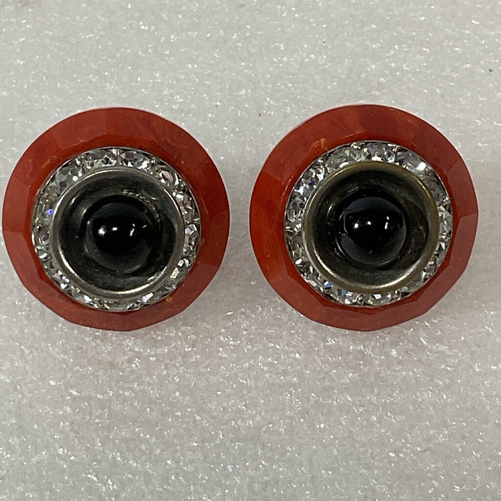 Vintage Bold Round Clip-On Earrings Red & Black Rhinestone Black Center - Image 1