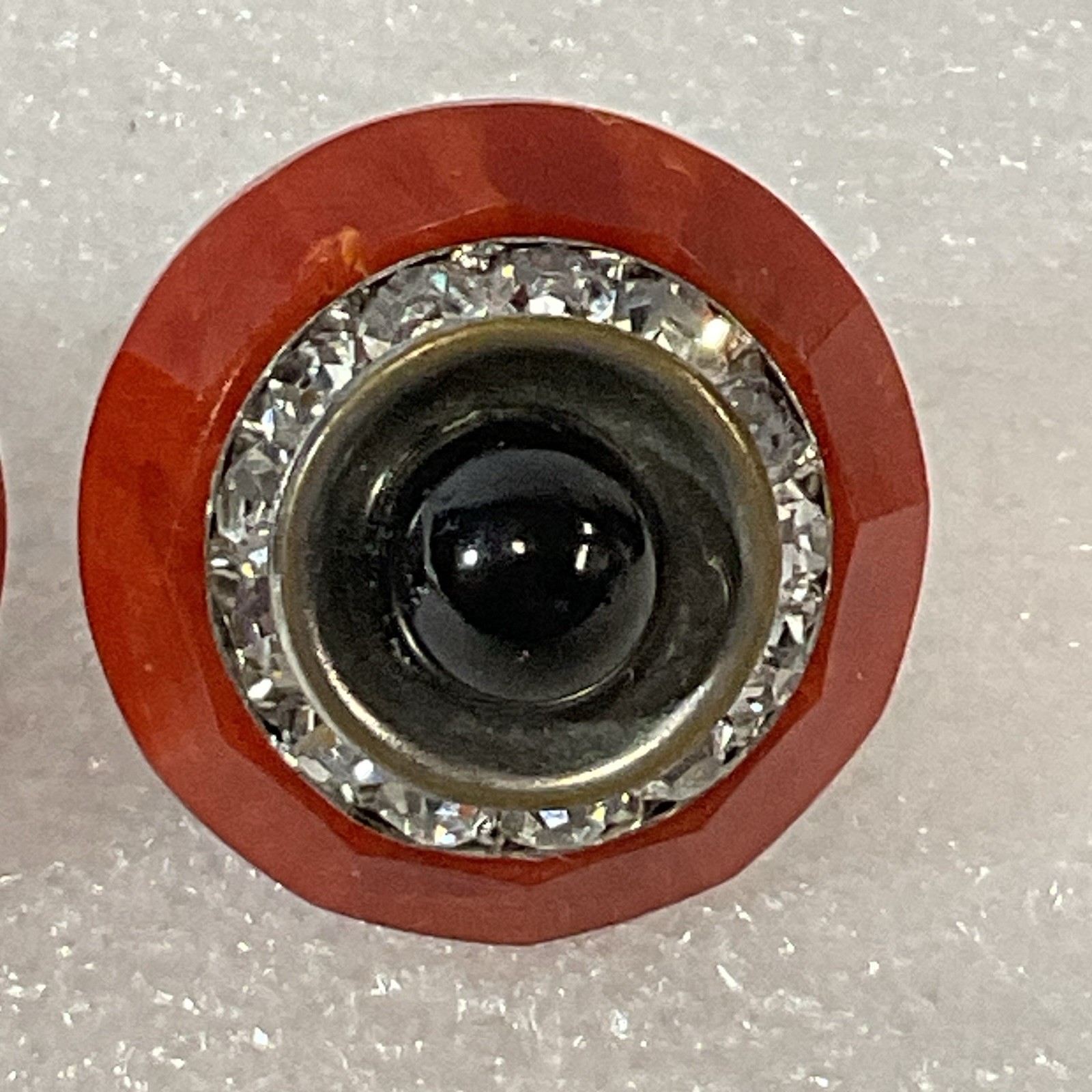 Vintage Bold Round Clip-On Earrings Red & Black Rhinestone Black Center - Image 3