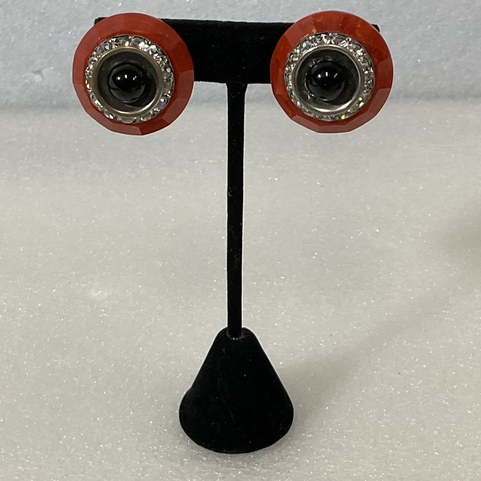 Vintage Bold Round Clip-On Earrings Red & Black Rhinestone Black Center - Image 7