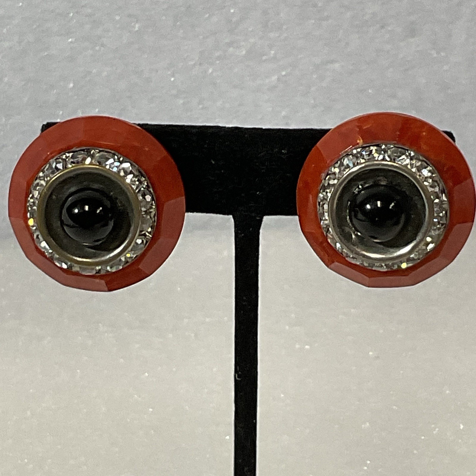 Vintage Bold Round Clip-On Earrings Red & Black Rhinestone Black Center - Image 8