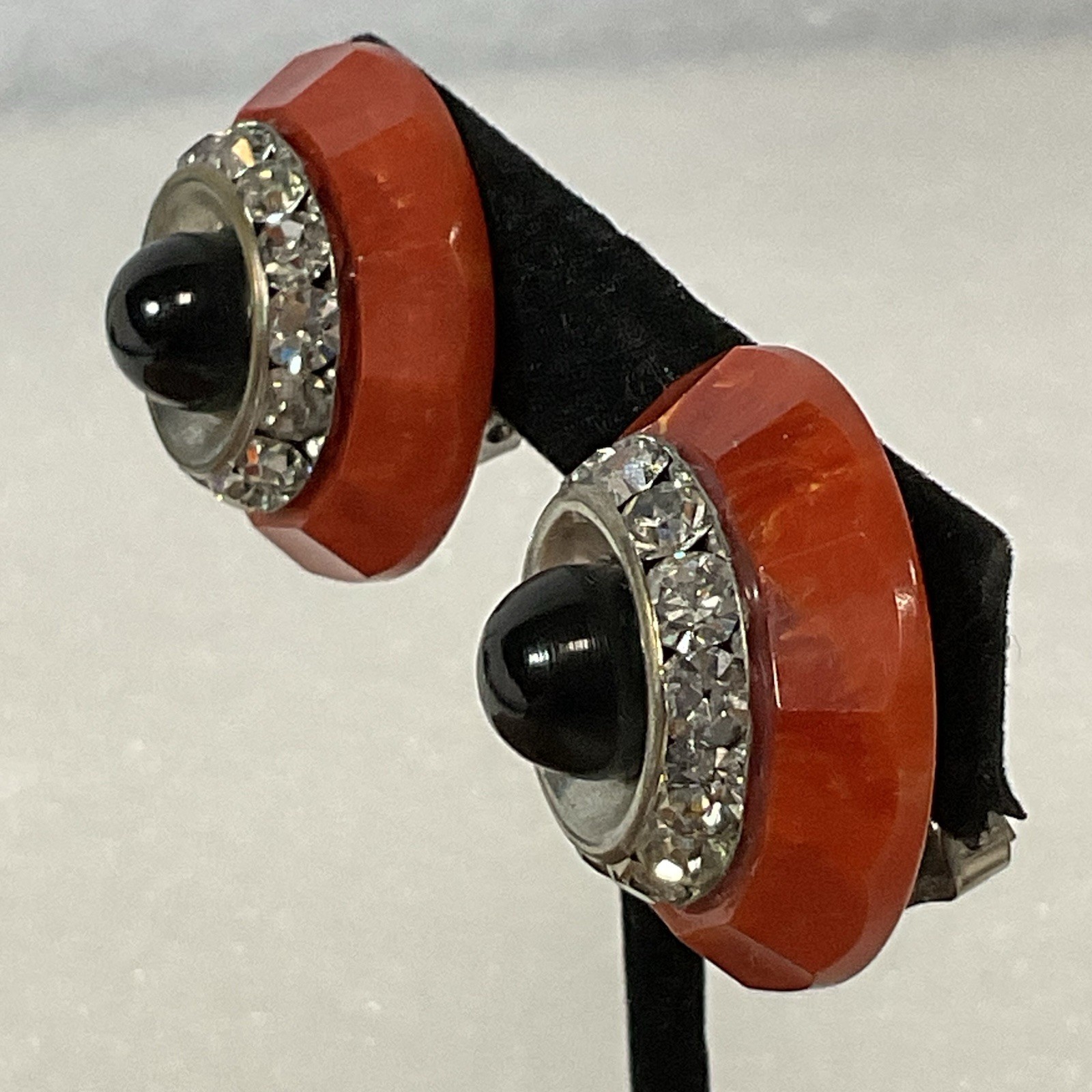 Vintage Bold Round Clip-On Earrings Red & Black Rhinestone Black Center - Image 9