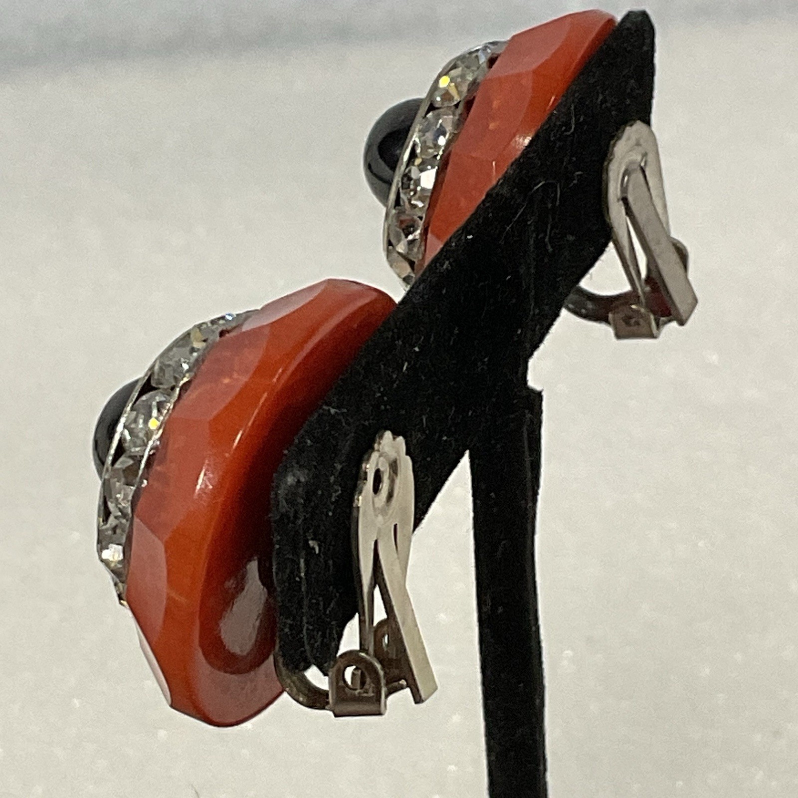 Vintage Bold Round Clip-On Earrings Red & Black Rhinestone Black Center - Image 13