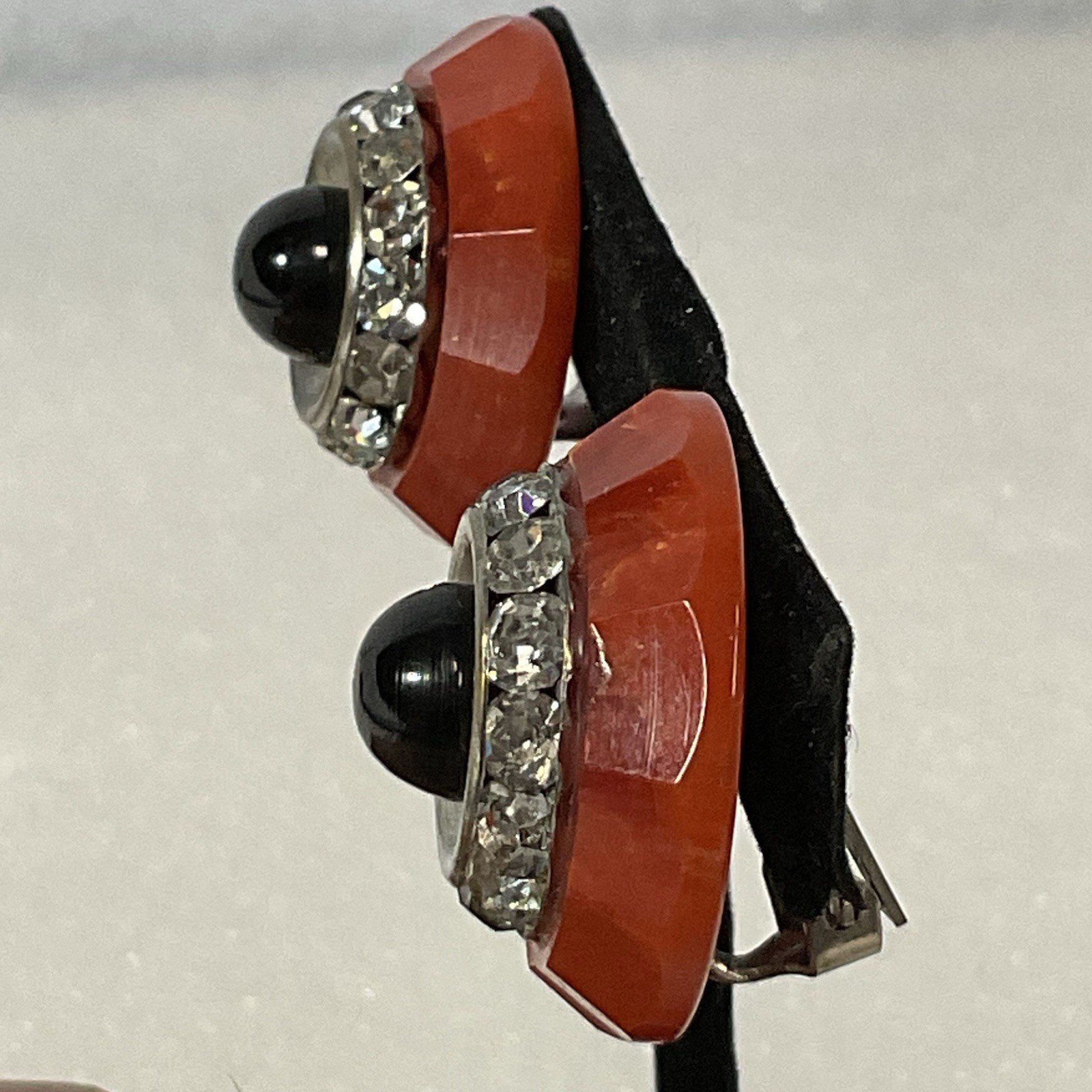 Vintage Bold Round Clip-On Earrings Red & Black Rhinestone Black Center - Image 14