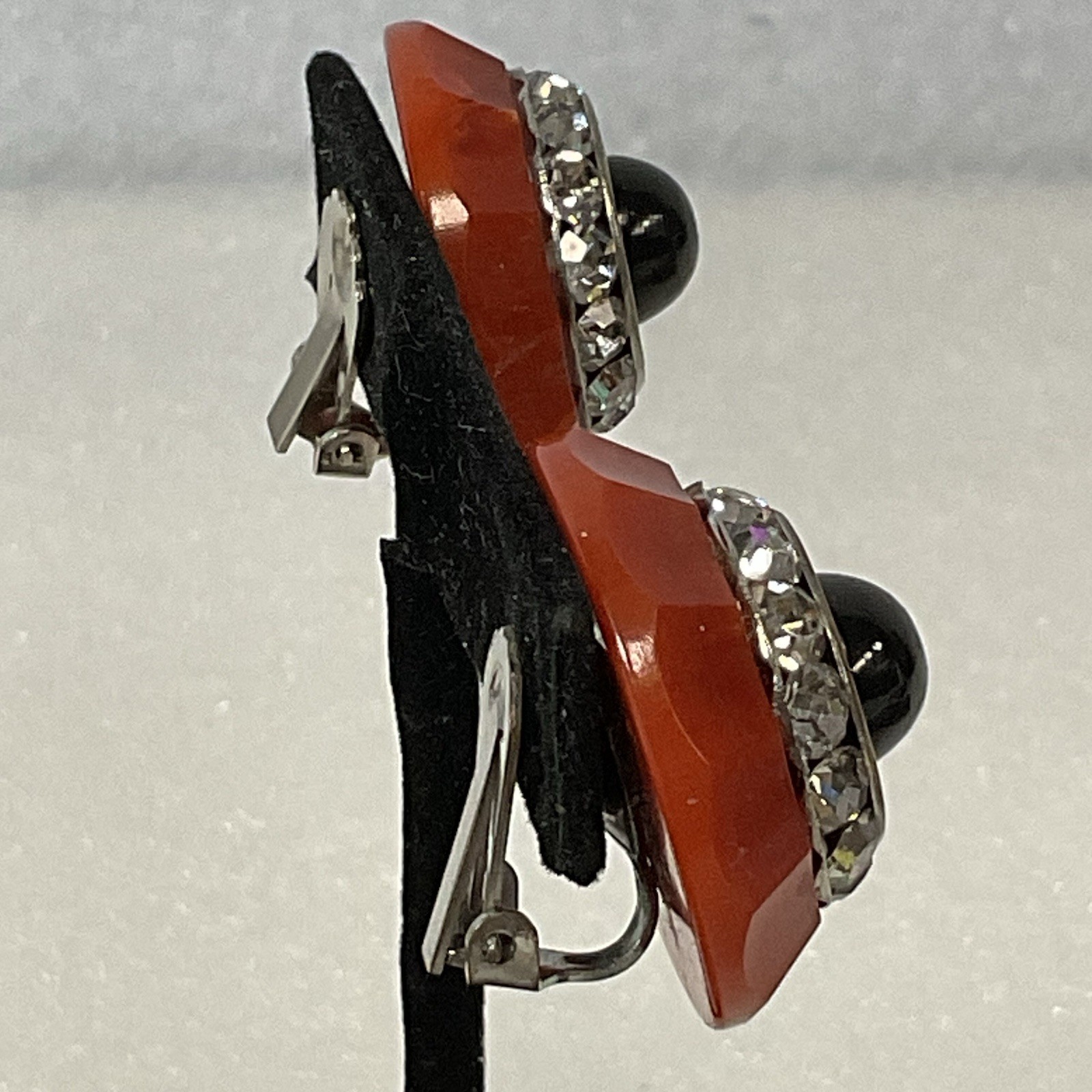 Vintage Bold Round Clip-On Earrings Red & Black Rhinestone Black Center - Image 15