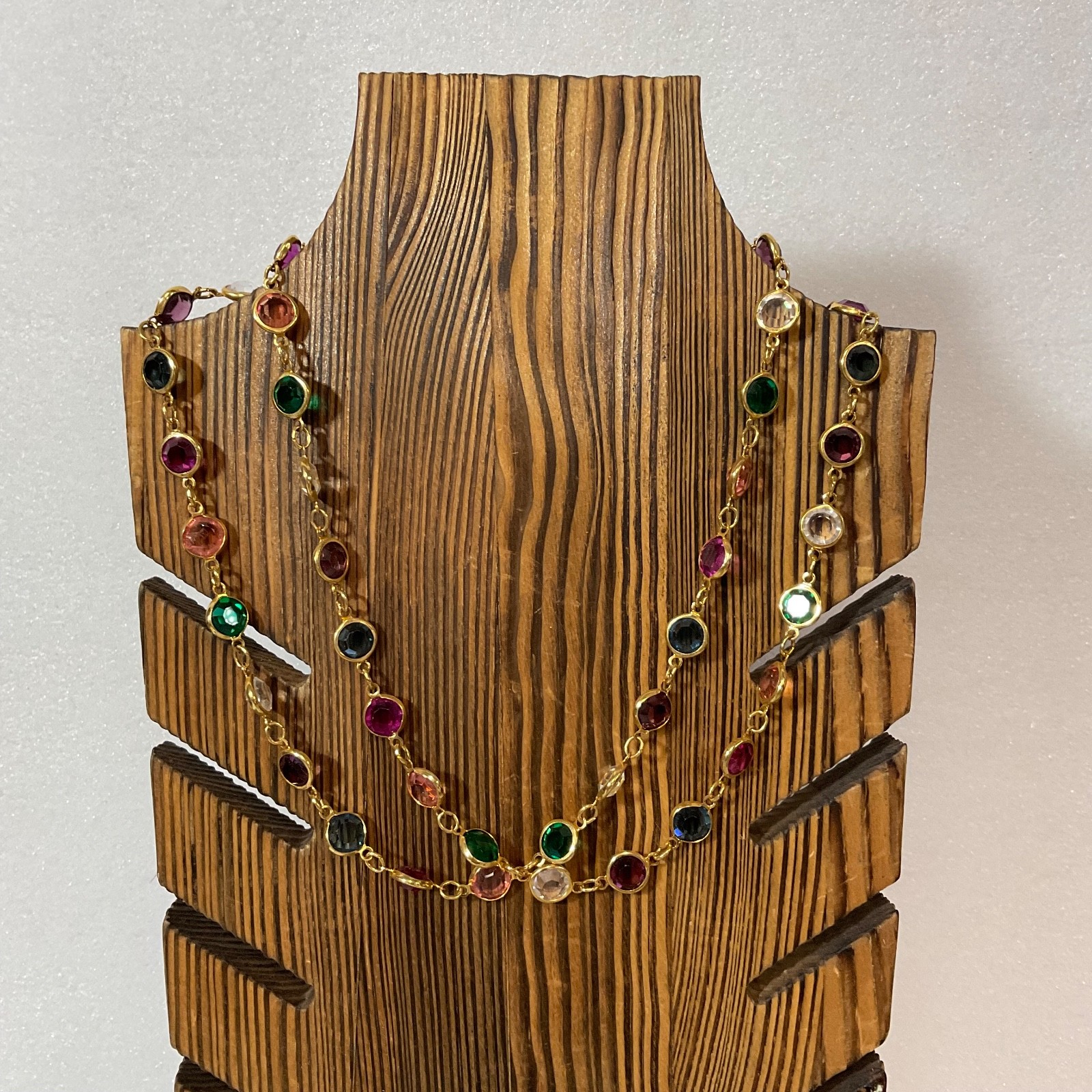 34in Gold Tone Multicolor Glass Bezel Station Necklace 33.03g Vibrant Layered - Image 1