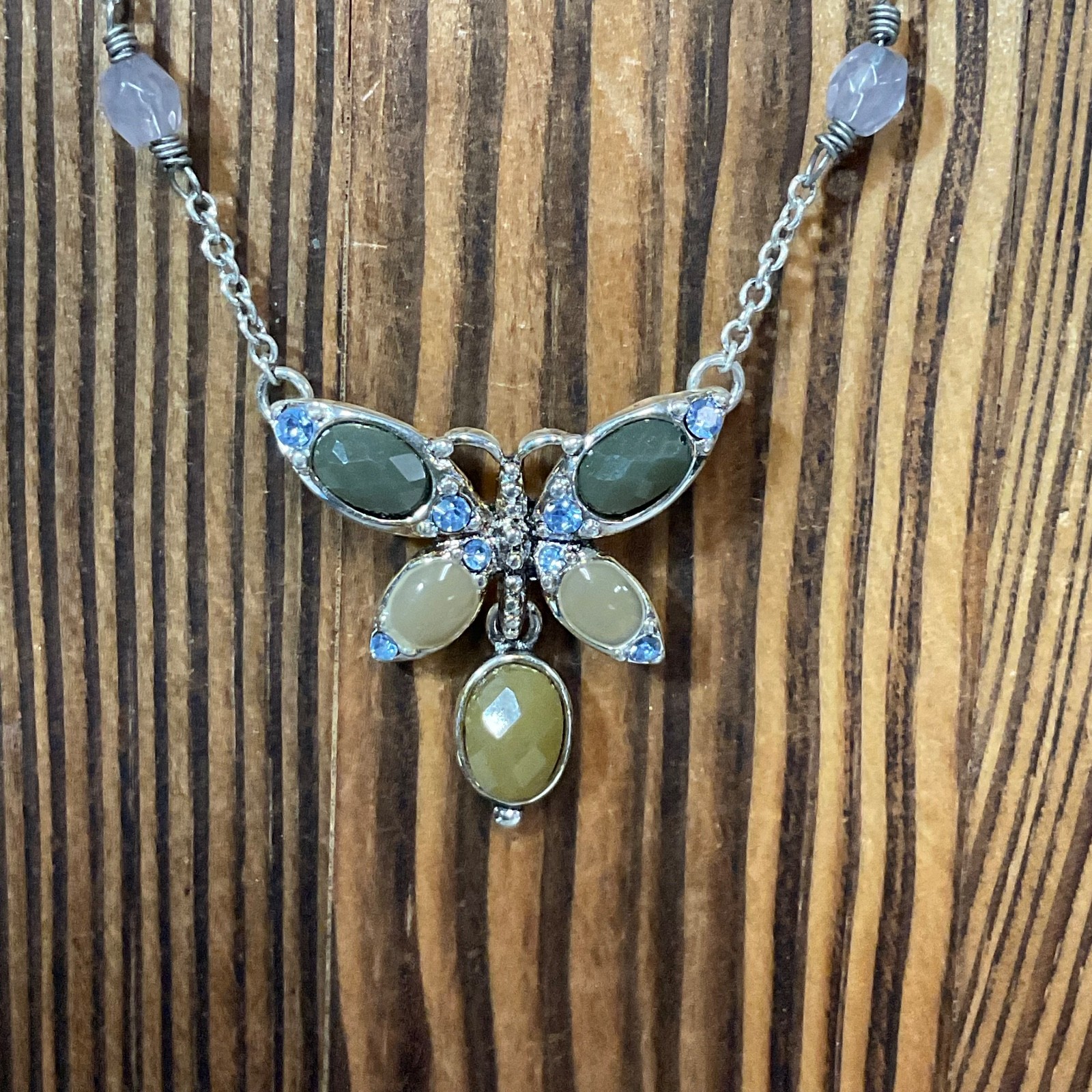 17in Monet Butterfly Pendant Necklace Silver Tone Multi Stone Design 5g - Image 2