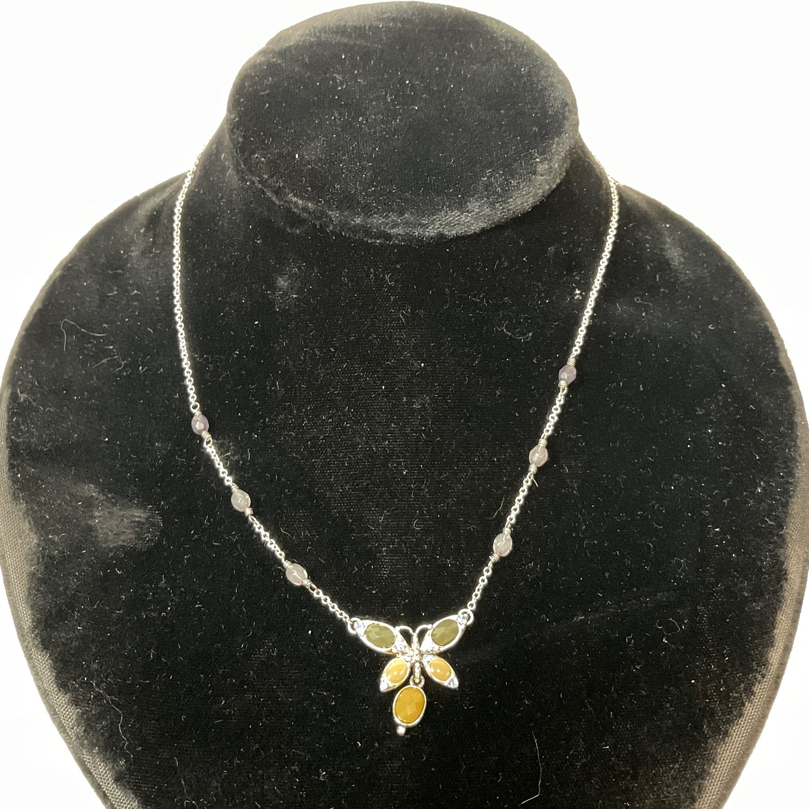 17in Monet Butterfly Pendant Necklace Silver Tone Multi Stone Design 5g - Image 11
