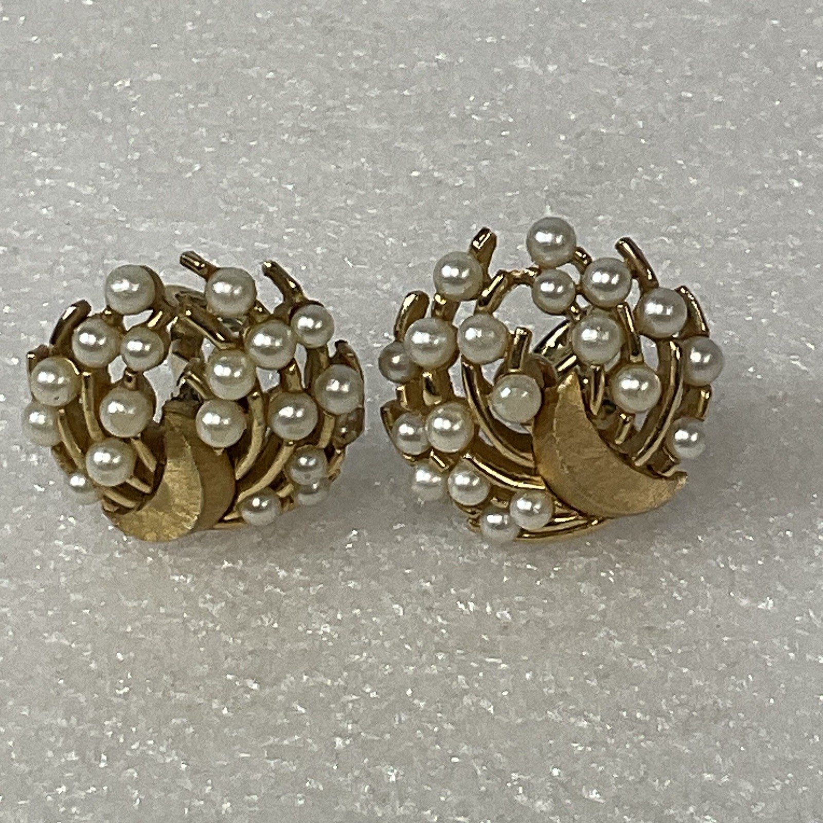 Vintage Trifari Moon Clip-On Earrings Faux Pearl Gold Tone Statement Jewelry - Image 1
