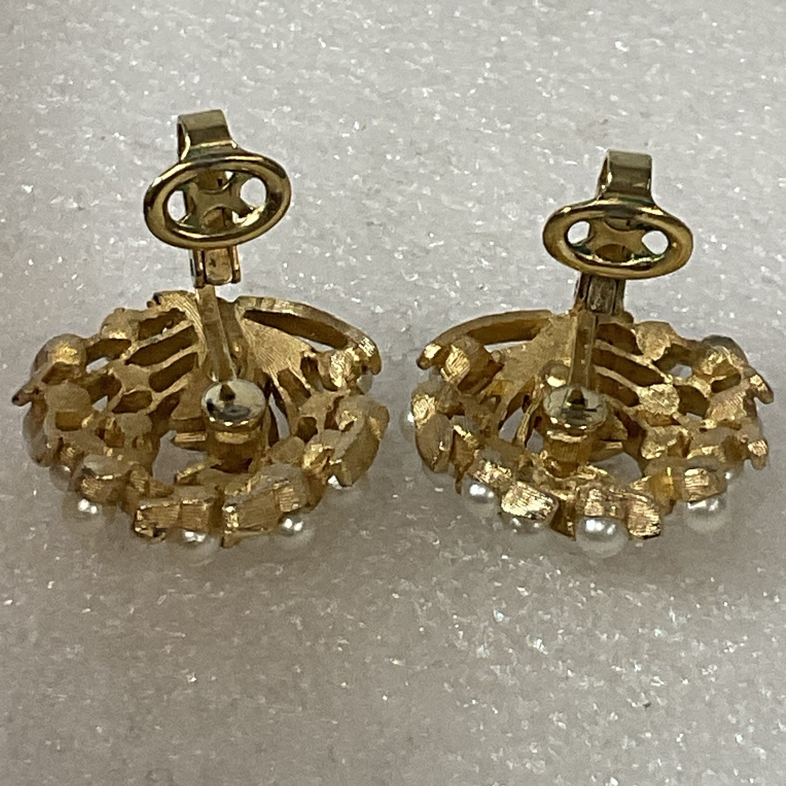 Vintage Trifari Moon Clip-On Earrings Faux Pearl Gold Tone Statement Jewelry - Image 2