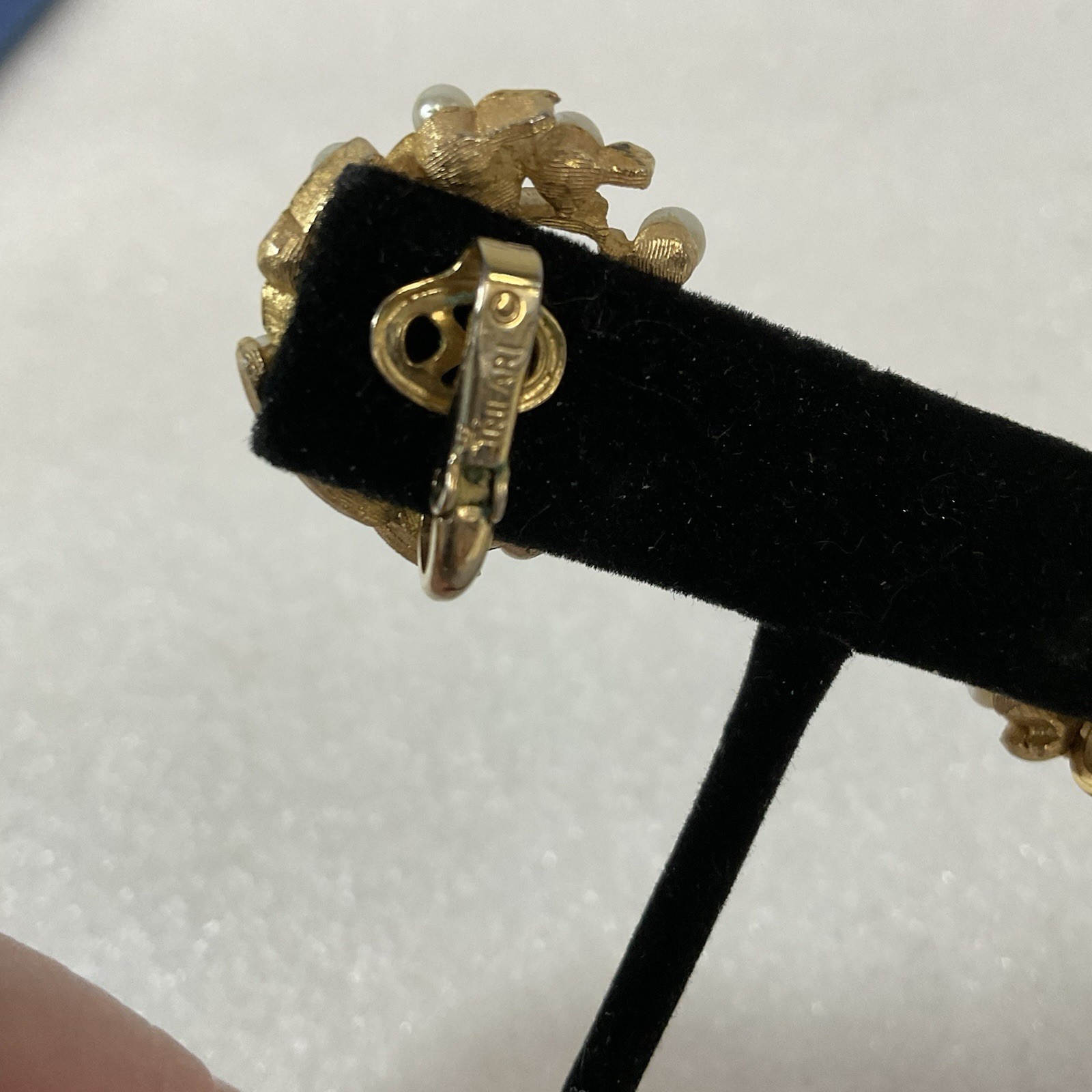 Vintage Trifari Moon Clip-On Earrings Faux Pearl Gold Tone Statement Jewelry - Image 9
