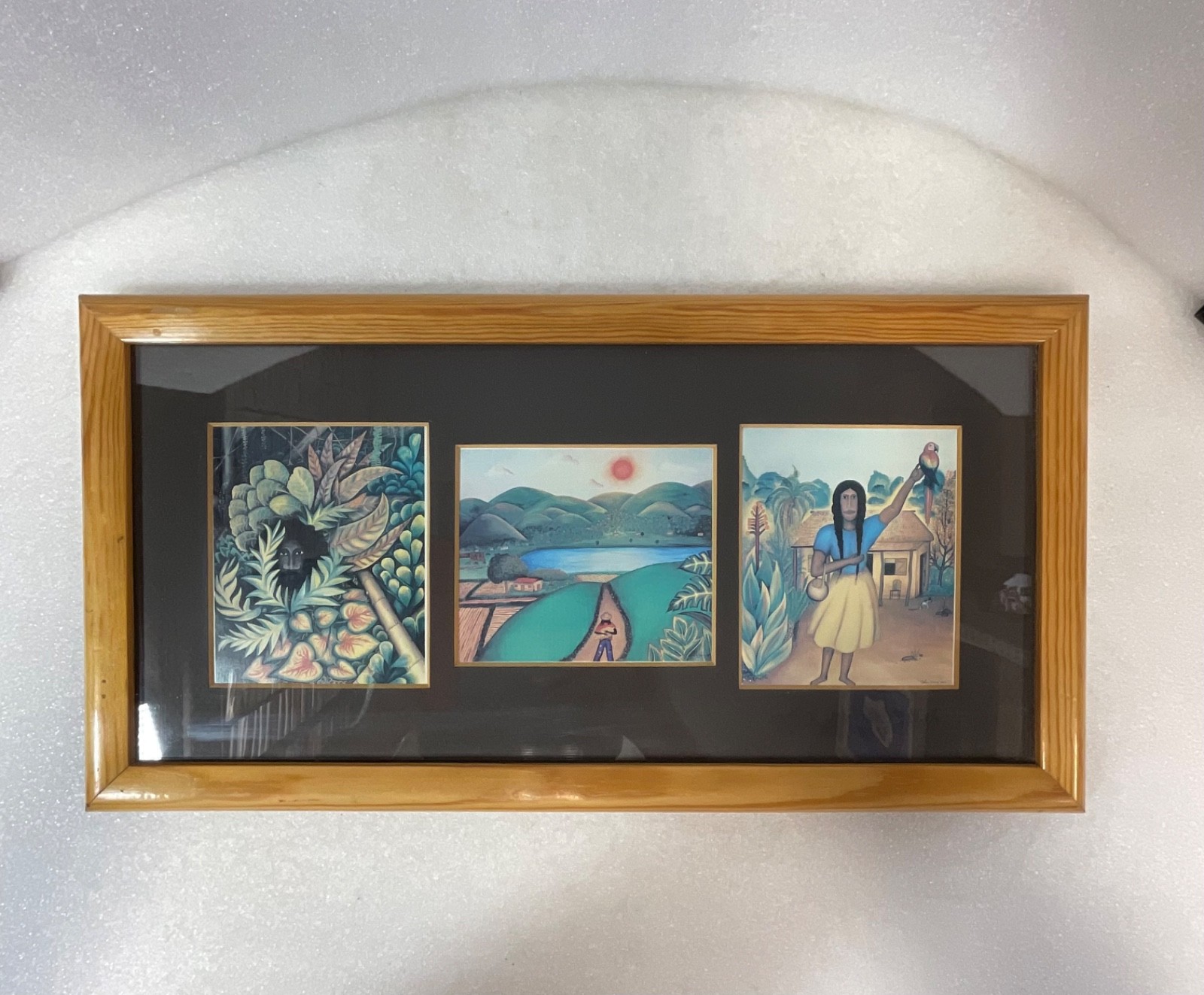 Framed Folk Art Print Triptych Signed Young 1985 Village Jungle Scene 24in - Image 1