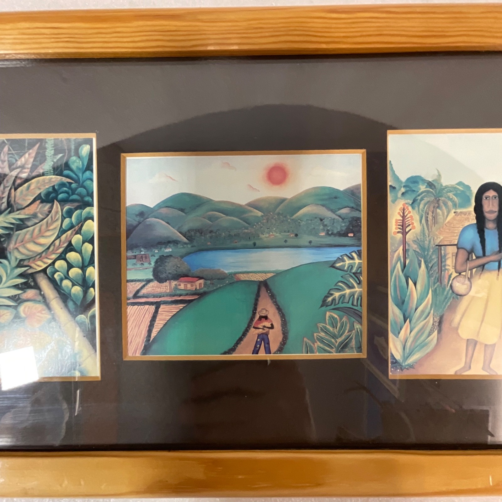 Framed Folk Art Print Triptych Signed Young 1985 Village Jungle Scene 24in - Image 3