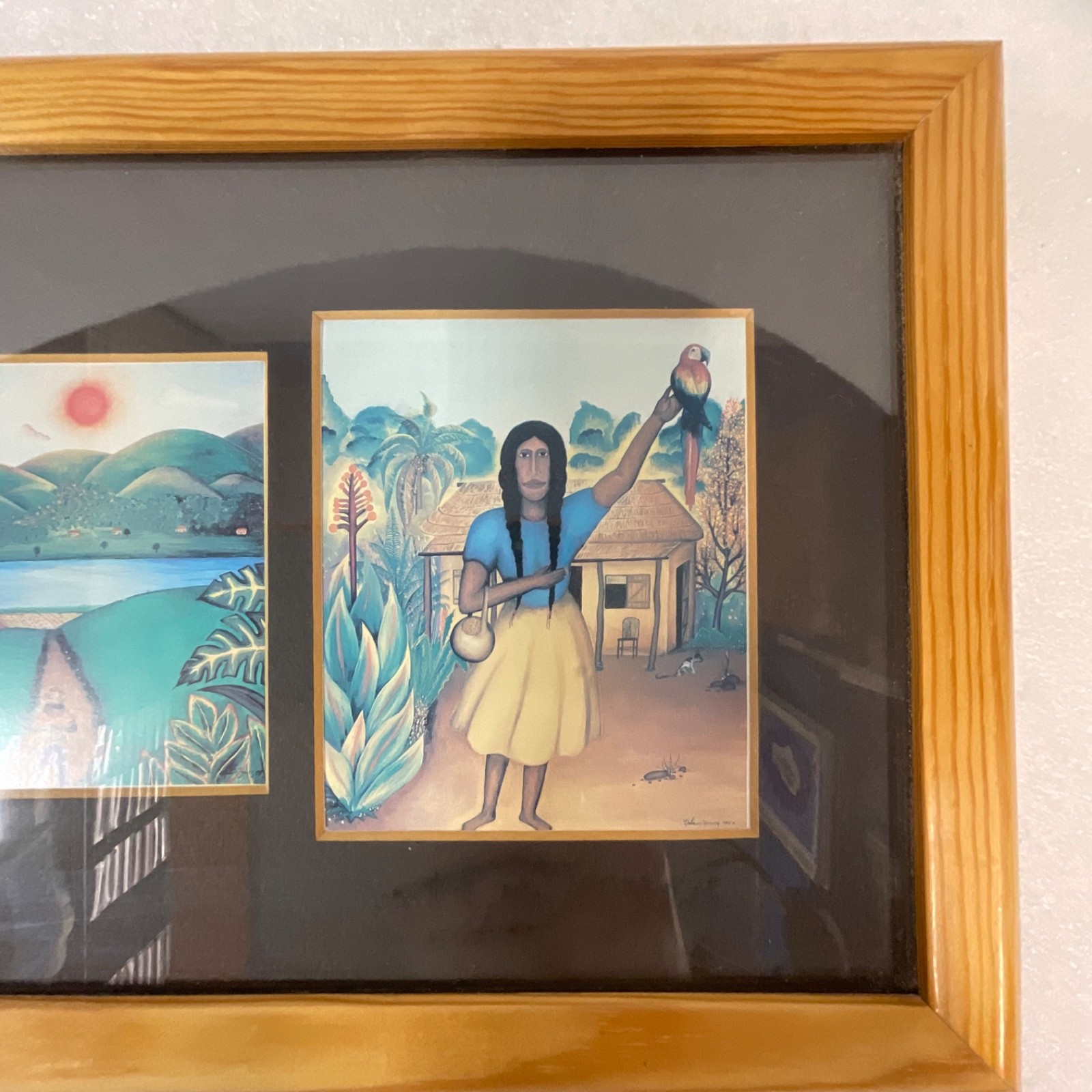 Framed Folk Art Print Triptych Signed Young 1985 Village Jungle Scene 24in - Image 4