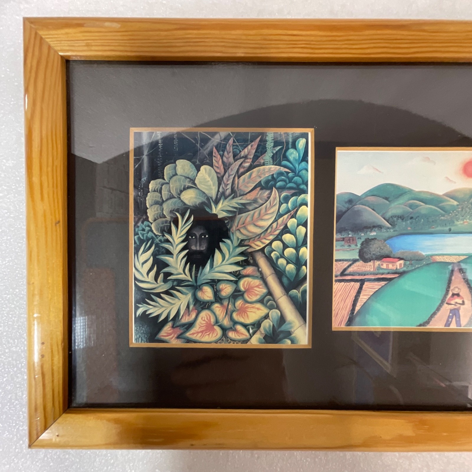Framed Folk Art Print Triptych Signed Young 1985 Village Jungle Scene 24in - Image 2