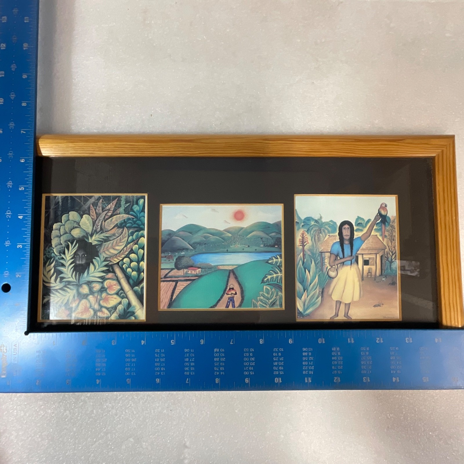 Framed Folk Art Print Triptych Signed Young 1985 Village Jungle Scene 24in - Image 9