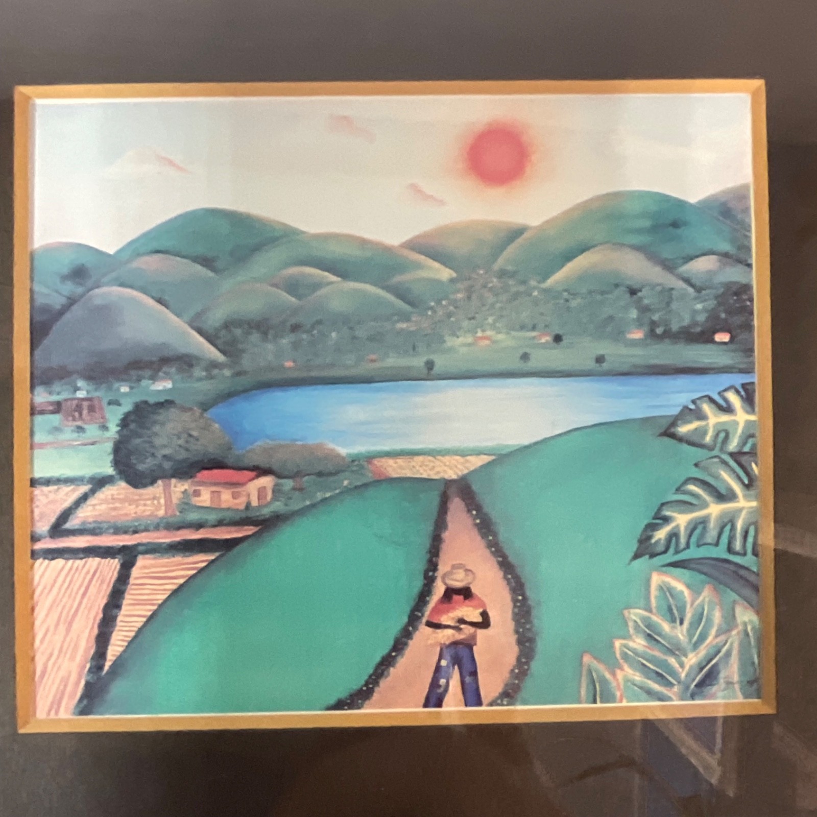 Framed Folk Art Print Triptych Signed Young 1985 Village Jungle Scene 24in - Image 11