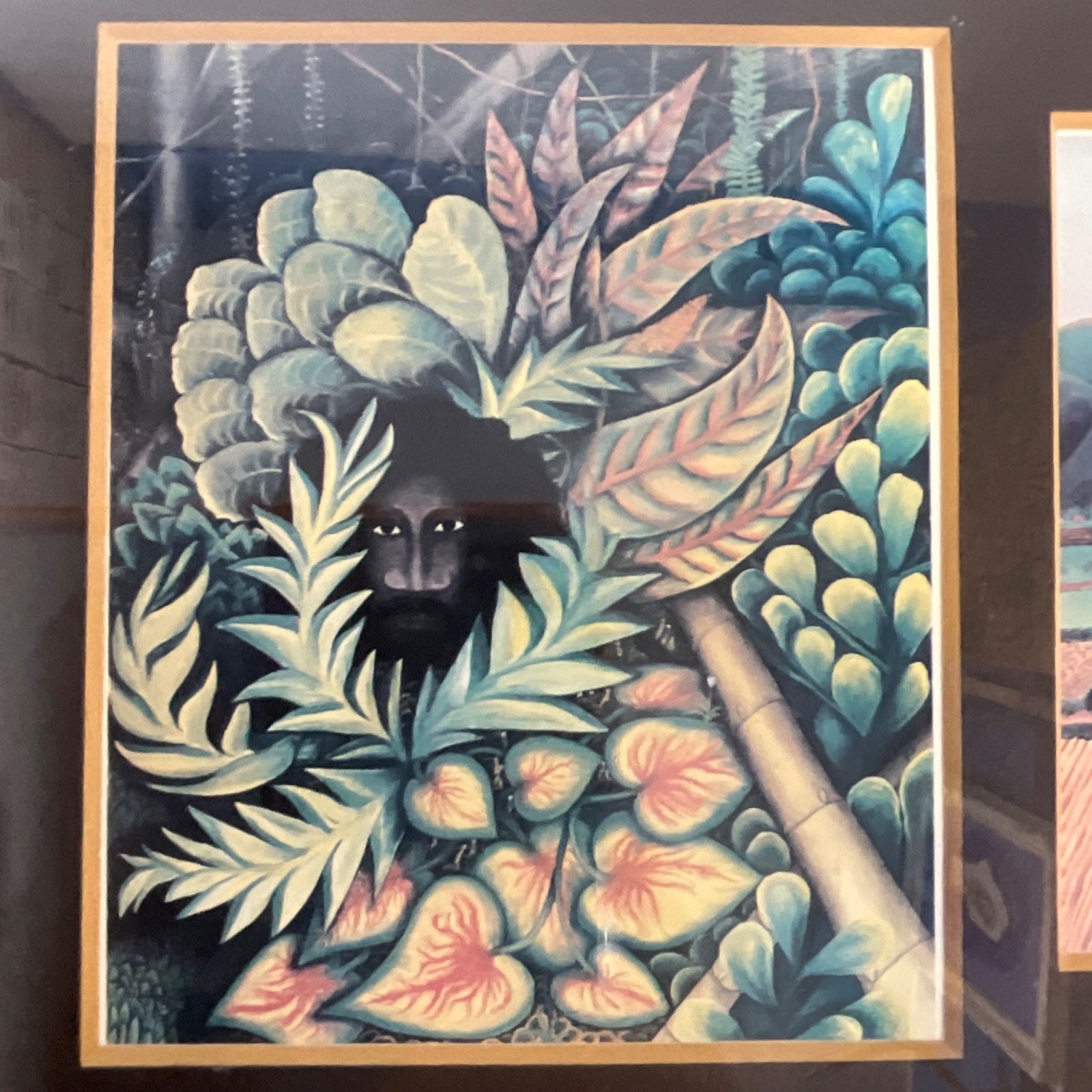 Framed Folk Art Print Triptych Signed Young 1985 Village Jungle Scene 24in - Image 10