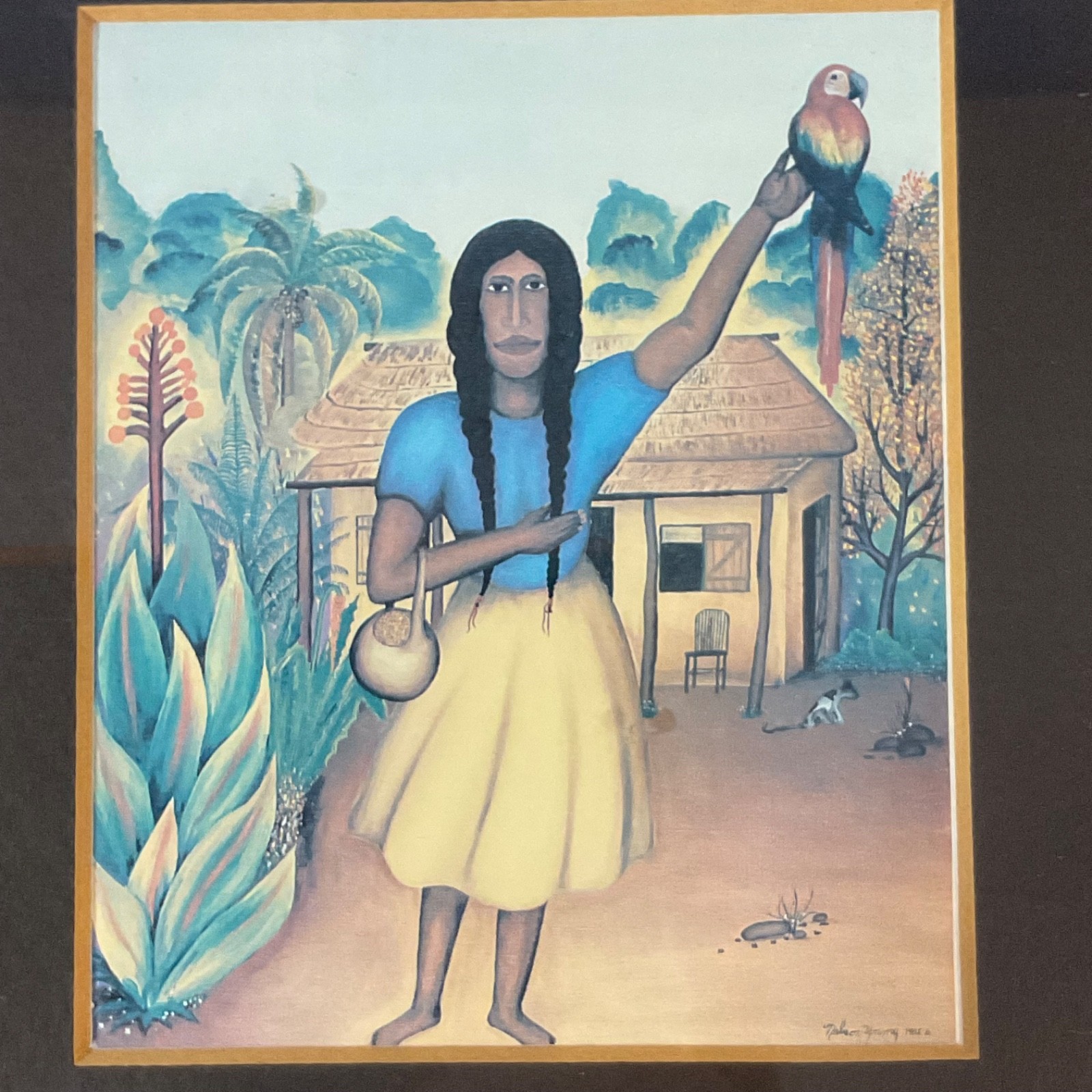 Framed Folk Art Print Triptych Signed Young 1985 Village Jungle Scene 24in - Image 13
