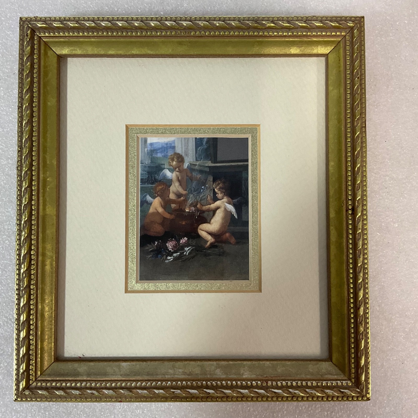 Framed Cherub Angel Art Print Gold Tone Frame 8.5in Robert Grace - Image 1