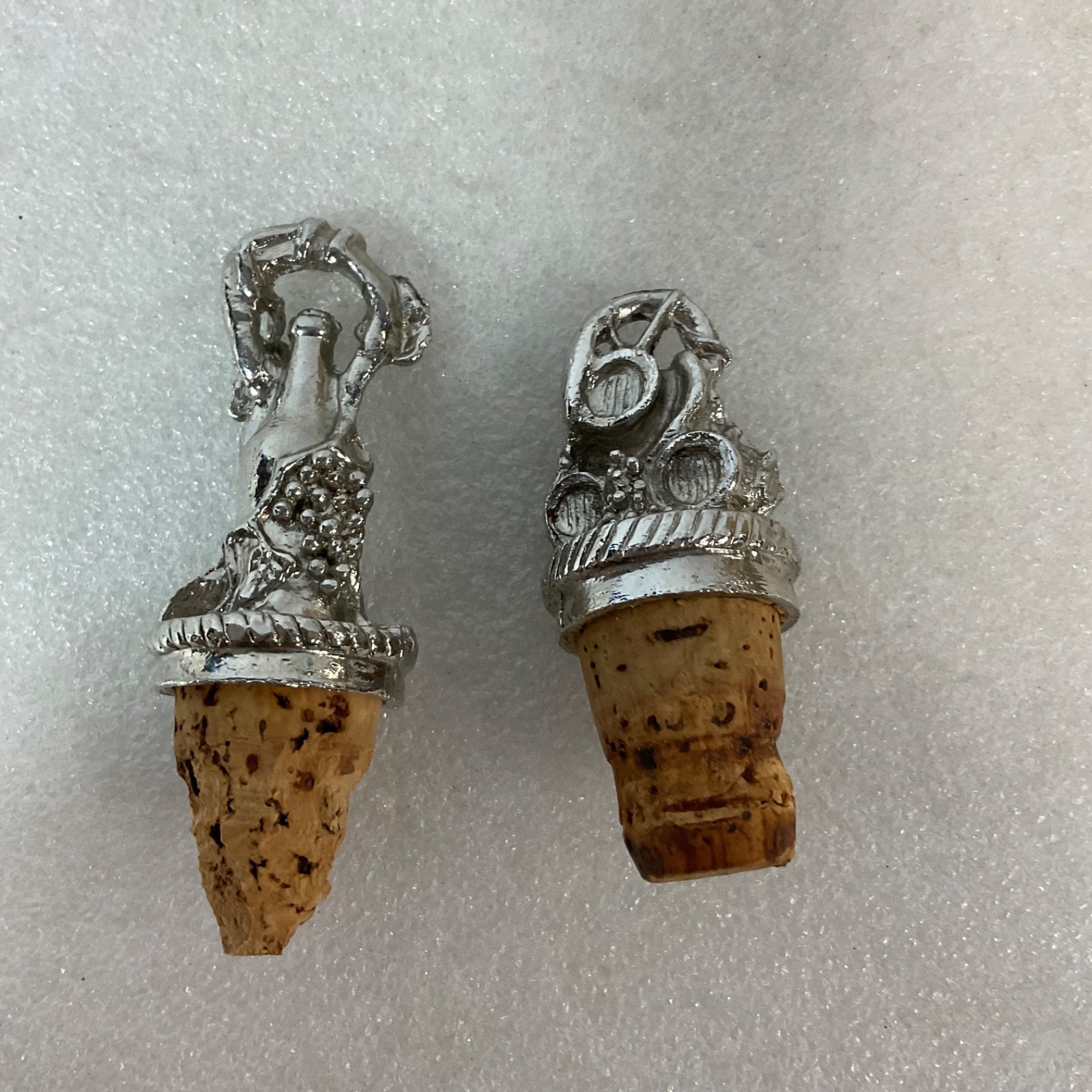 2 Metal Top Wine Bottle Cork Stoppers Grape Barrel Figural Barware - Image 1
