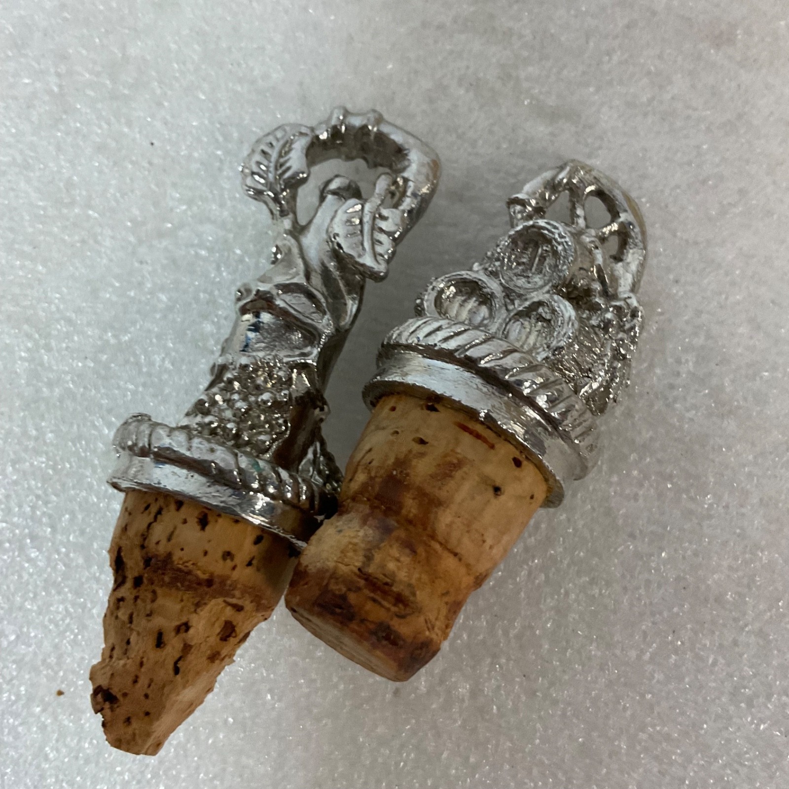 2 Metal Top Wine Bottle Cork Stoppers Grape Barrel Figural Barware - Image 3