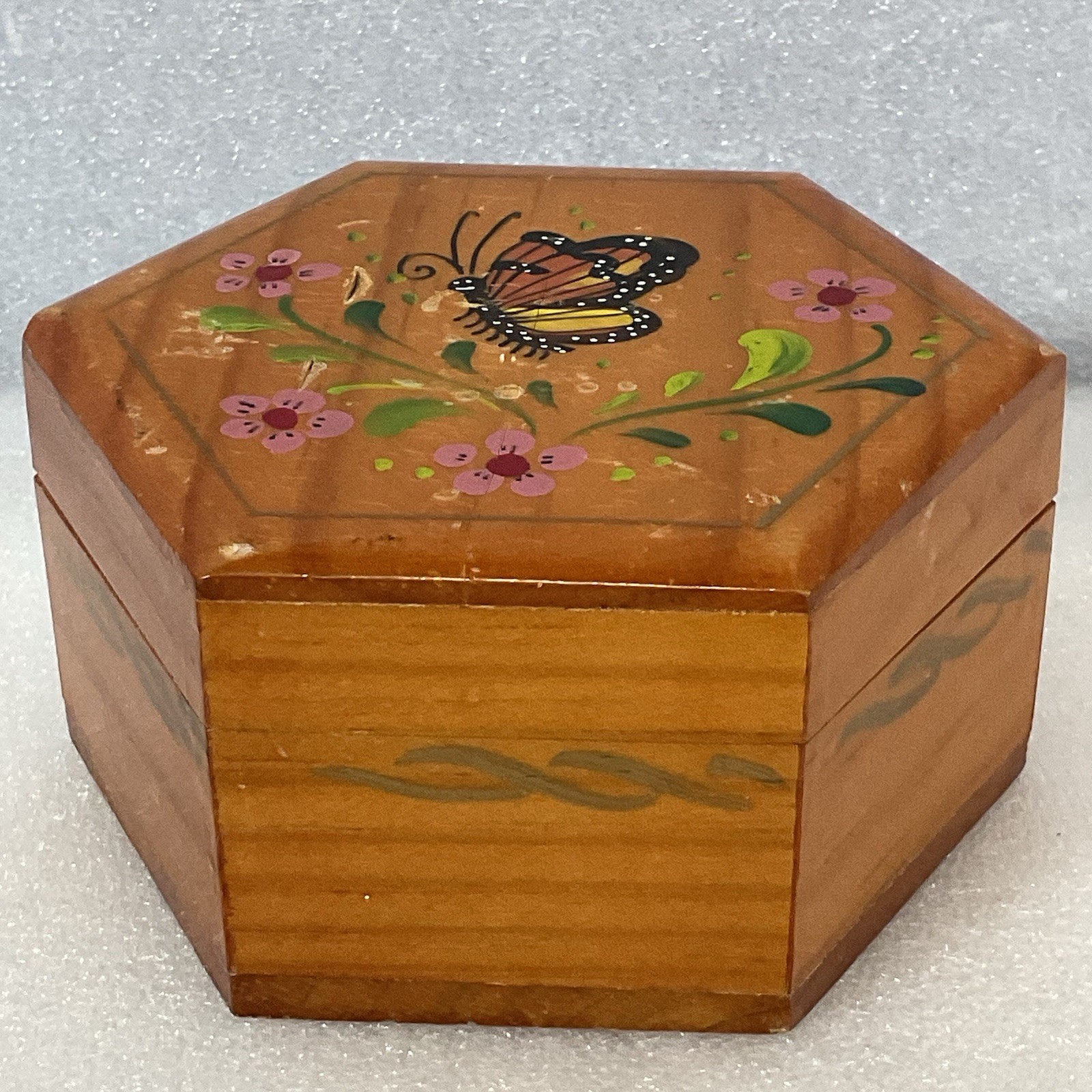 Hexagon Wooden Trinket Box Hand Painted Butterfly Floral Hinged Jewelry Storage - Image 3
