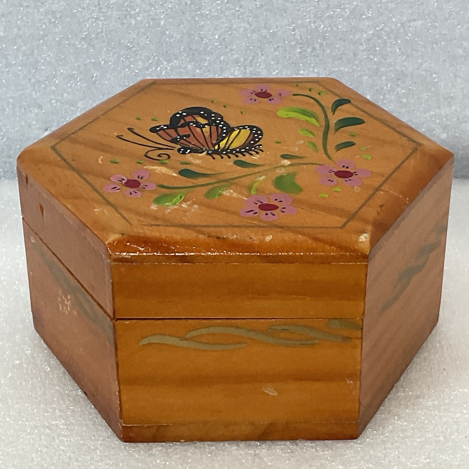 Hexagon Wooden Trinket Box Hand Painted Butterfly Floral Hinged Jewelry Storage - Image 2
