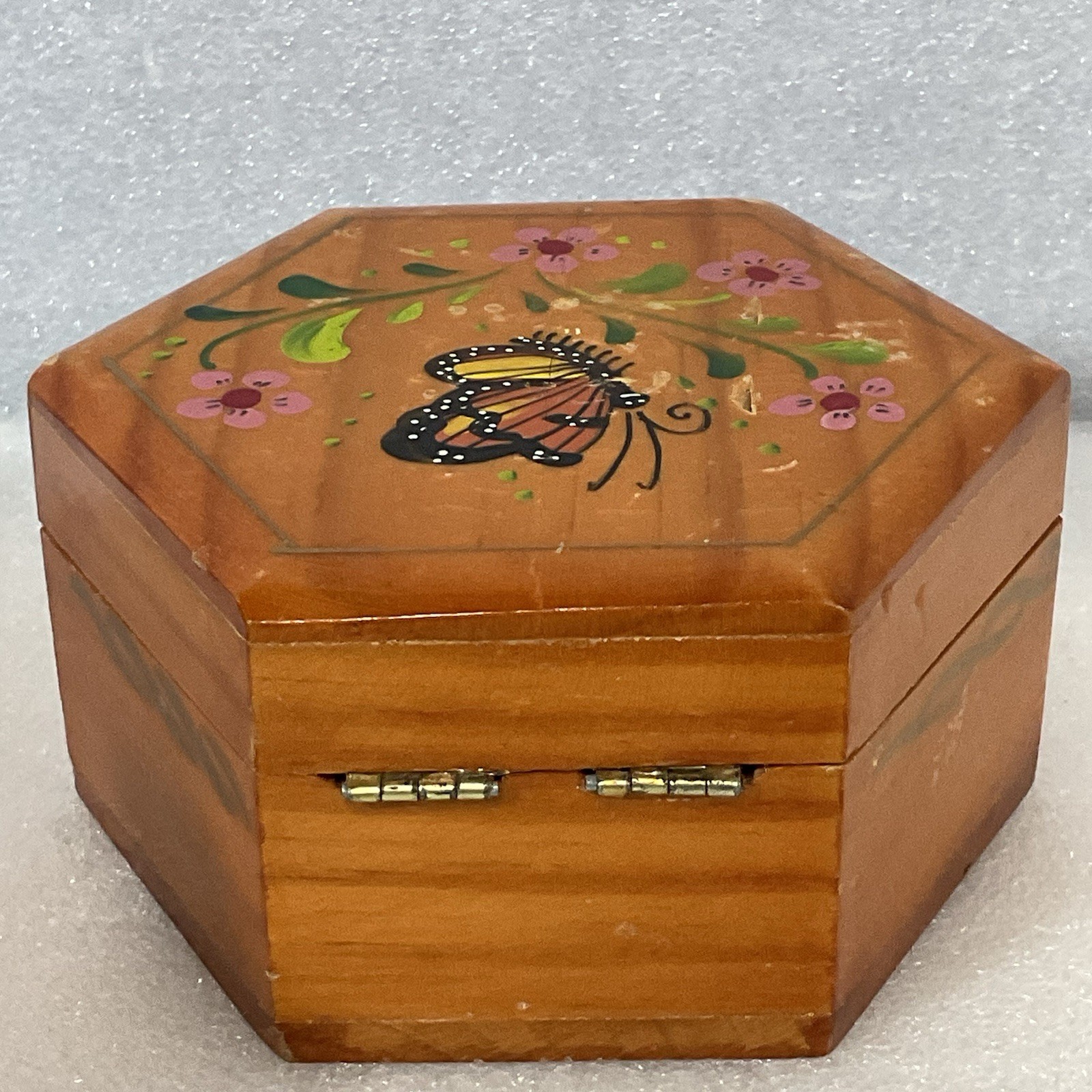 Hexagon Wooden Trinket Box Hand Painted Butterfly Floral Hinged Jewelry Storage - Image 6