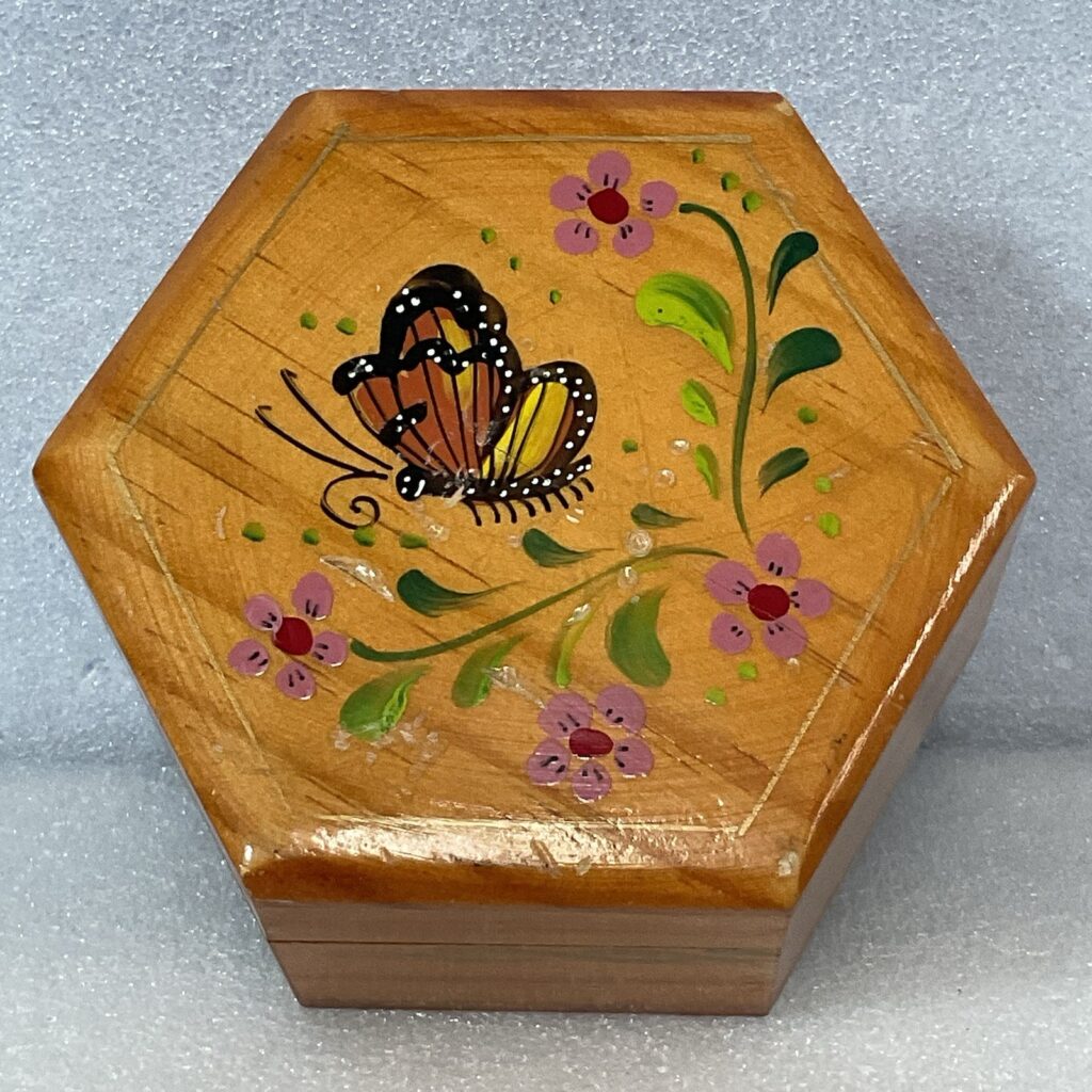 Hexagon Wooden Trinket Box Hand Painted Butterfly Floral Hinged Jewelry Storage - Image 1