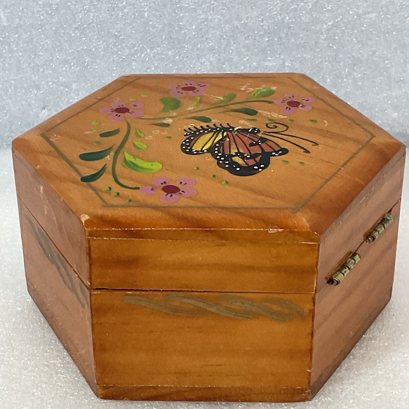 Hexagon Wooden Trinket Box Hand Painted Butterfly Floral Hinged Jewelry Storage - Image 5