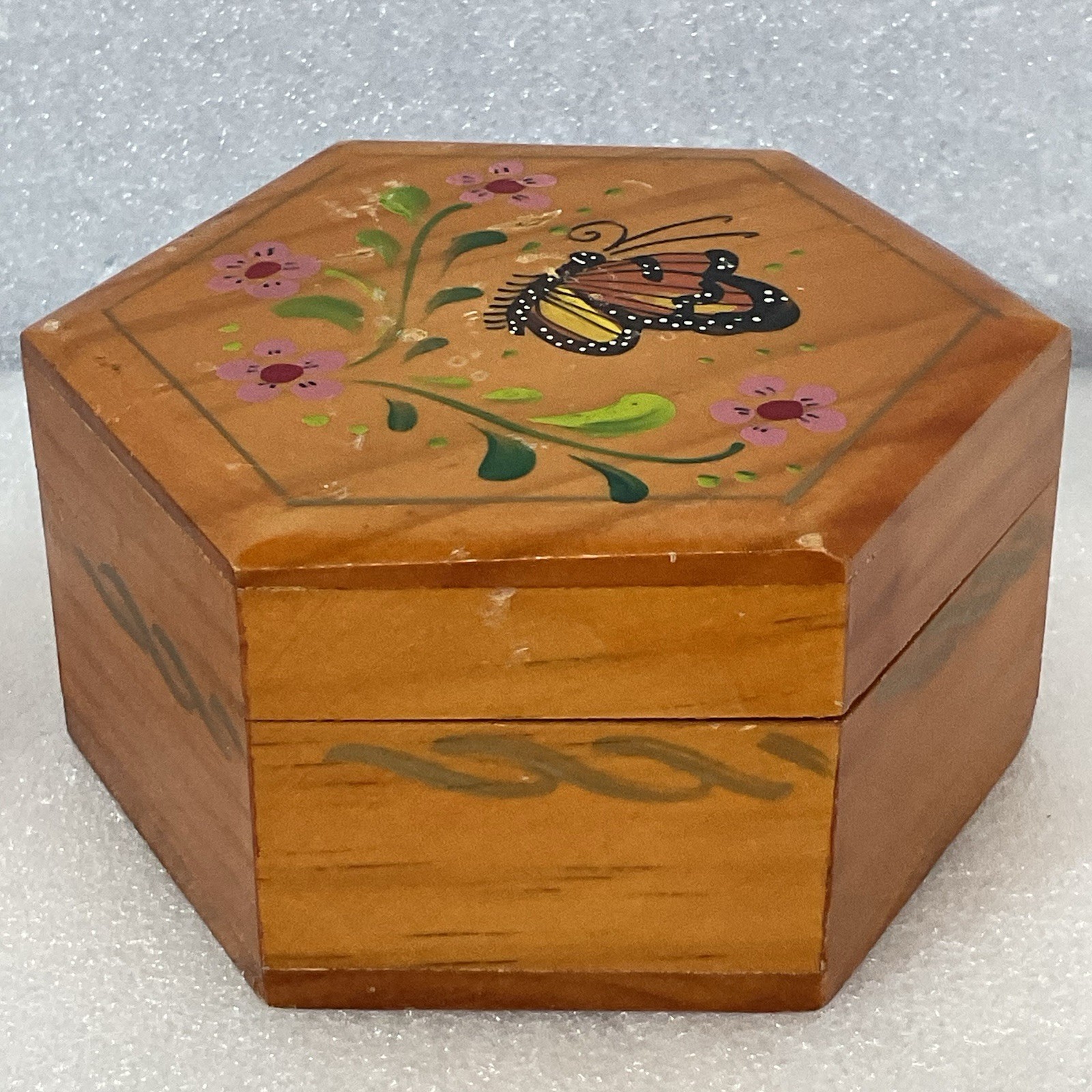 Hexagon Wooden Trinket Box Hand Painted Butterfly Floral Hinged Jewelry Storage - Image 4