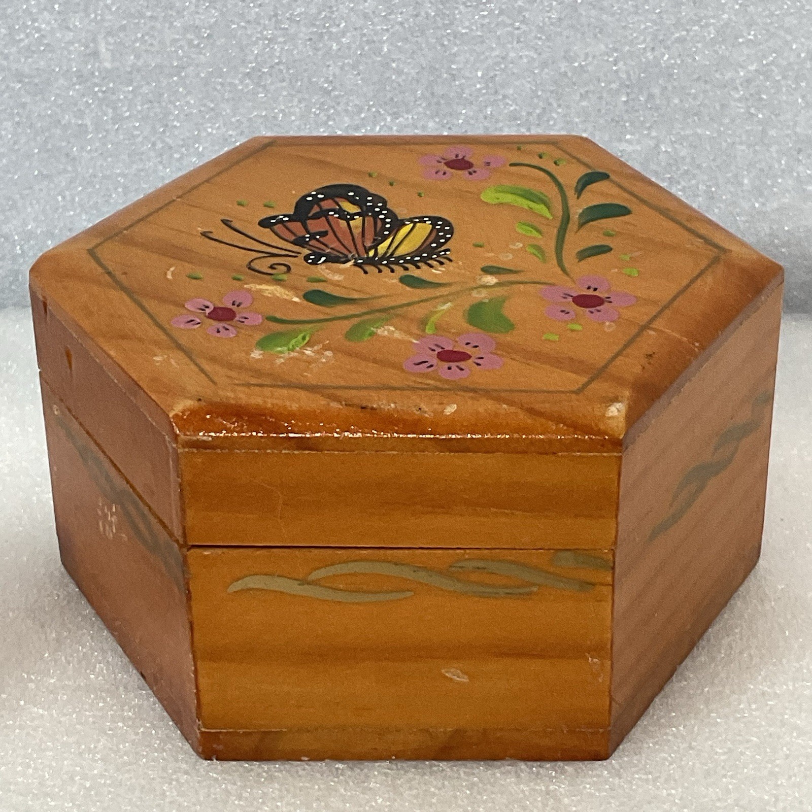 Hexagon Wooden Trinket Box Hand Painted Butterfly Floral Hinged Jewelry Storage - Image 8