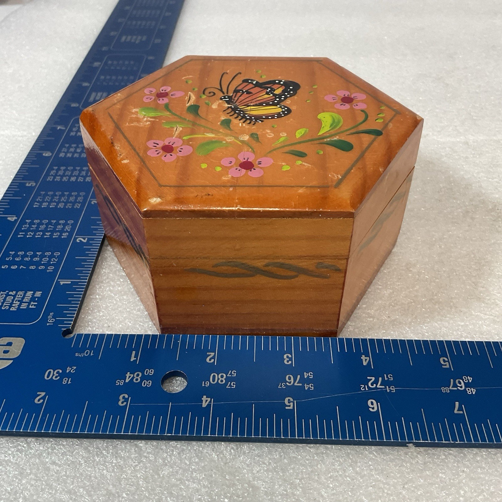 Hexagon Wooden Trinket Box Hand Painted Butterfly Floral Hinged Jewelry Storage - Image 17