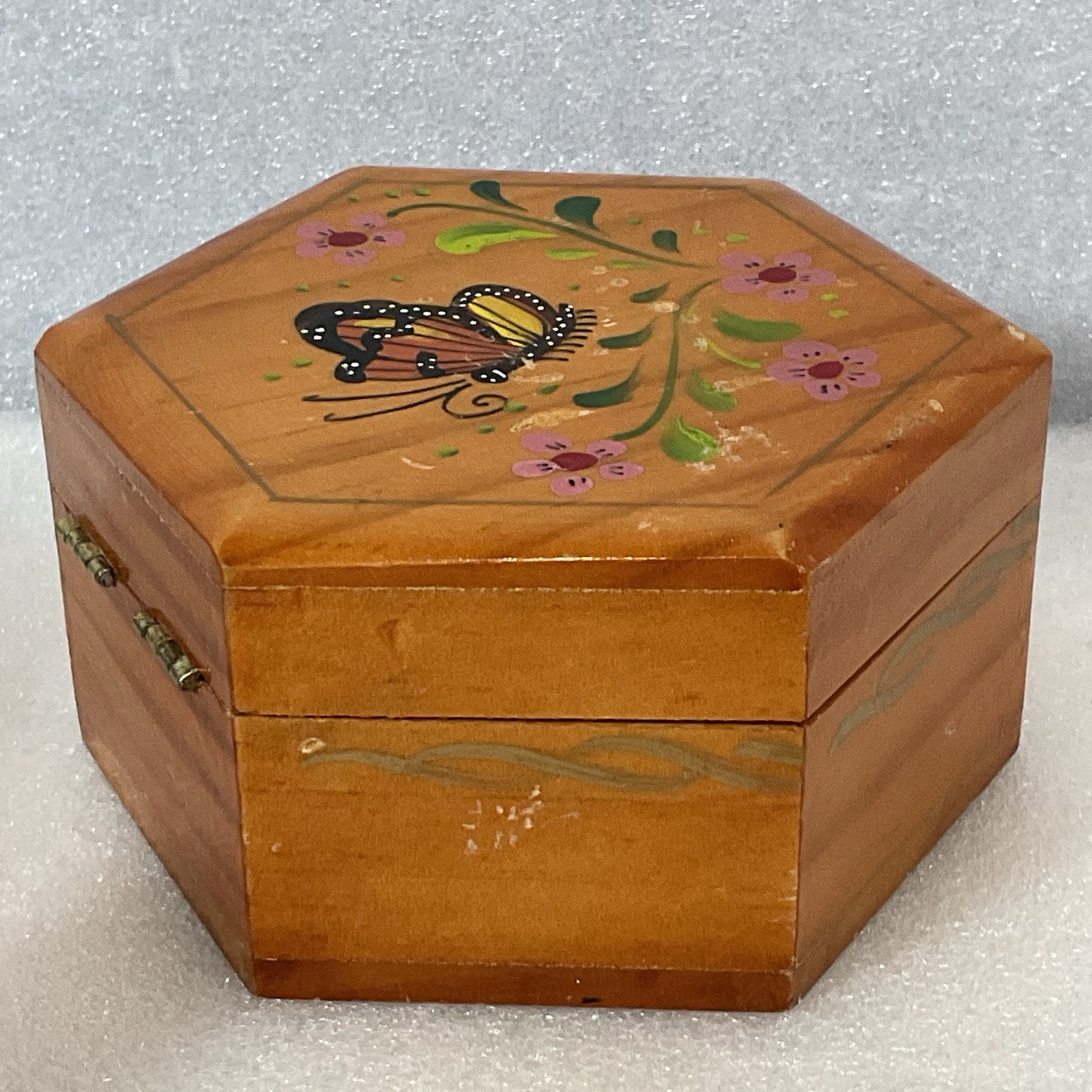 Hexagon Wooden Trinket Box Hand Painted Butterfly Floral Hinged Jewelry Storage - Image 7