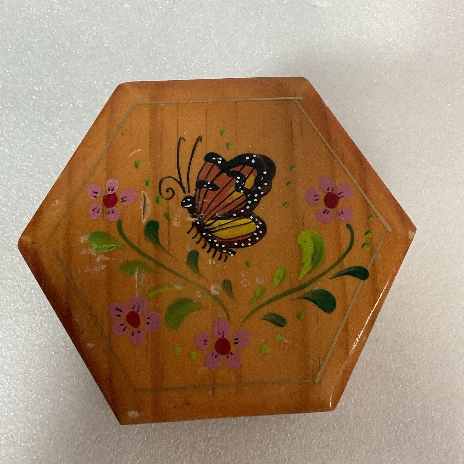 Hexagon Wooden Trinket Box Hand Painted Butterfly Floral Hinged Jewelry Storage - Image 13