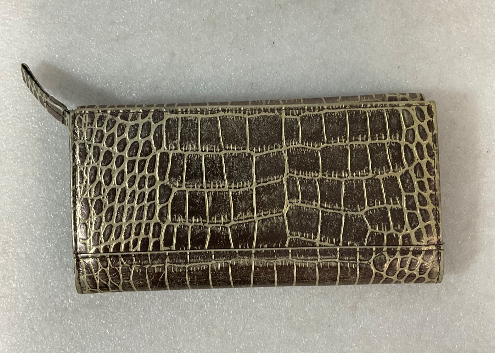 Womens Brown Croc Embossed Trifold Wallet Checkbook Card ID Holder - Image 1
