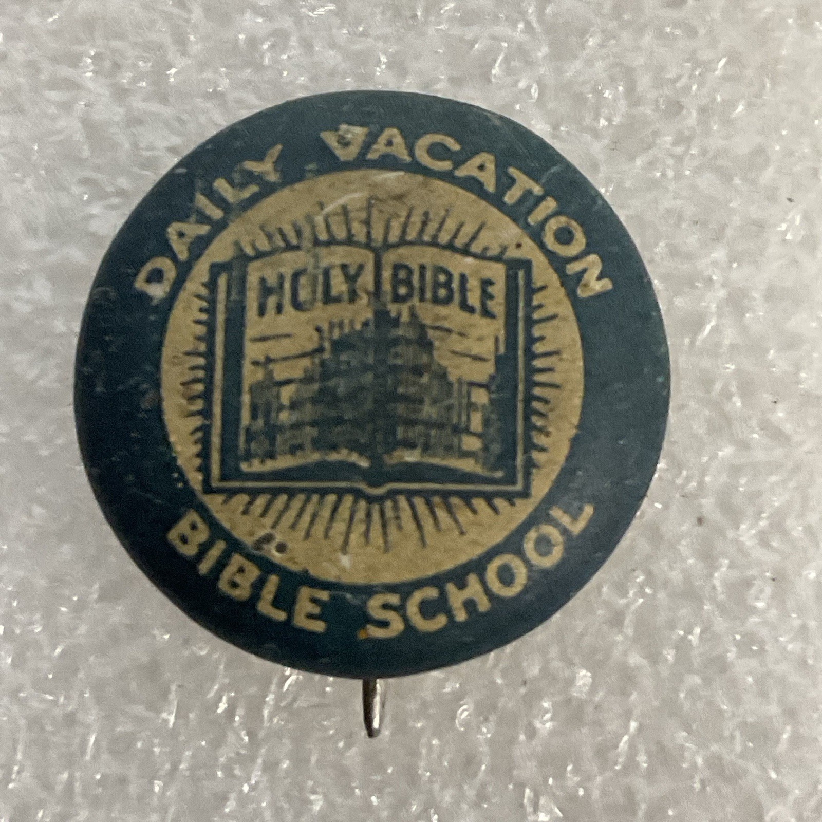 Daily Vacation Bible School Vintage Blue & White .75” Button Pin Pinback - Image 1