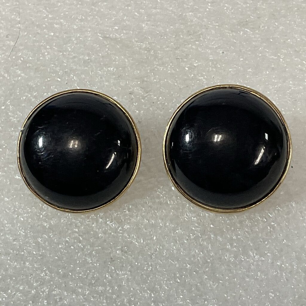 Vintage Trifari Black Cabochon Button Clip On Earrings Gold Tone Round - Image 1