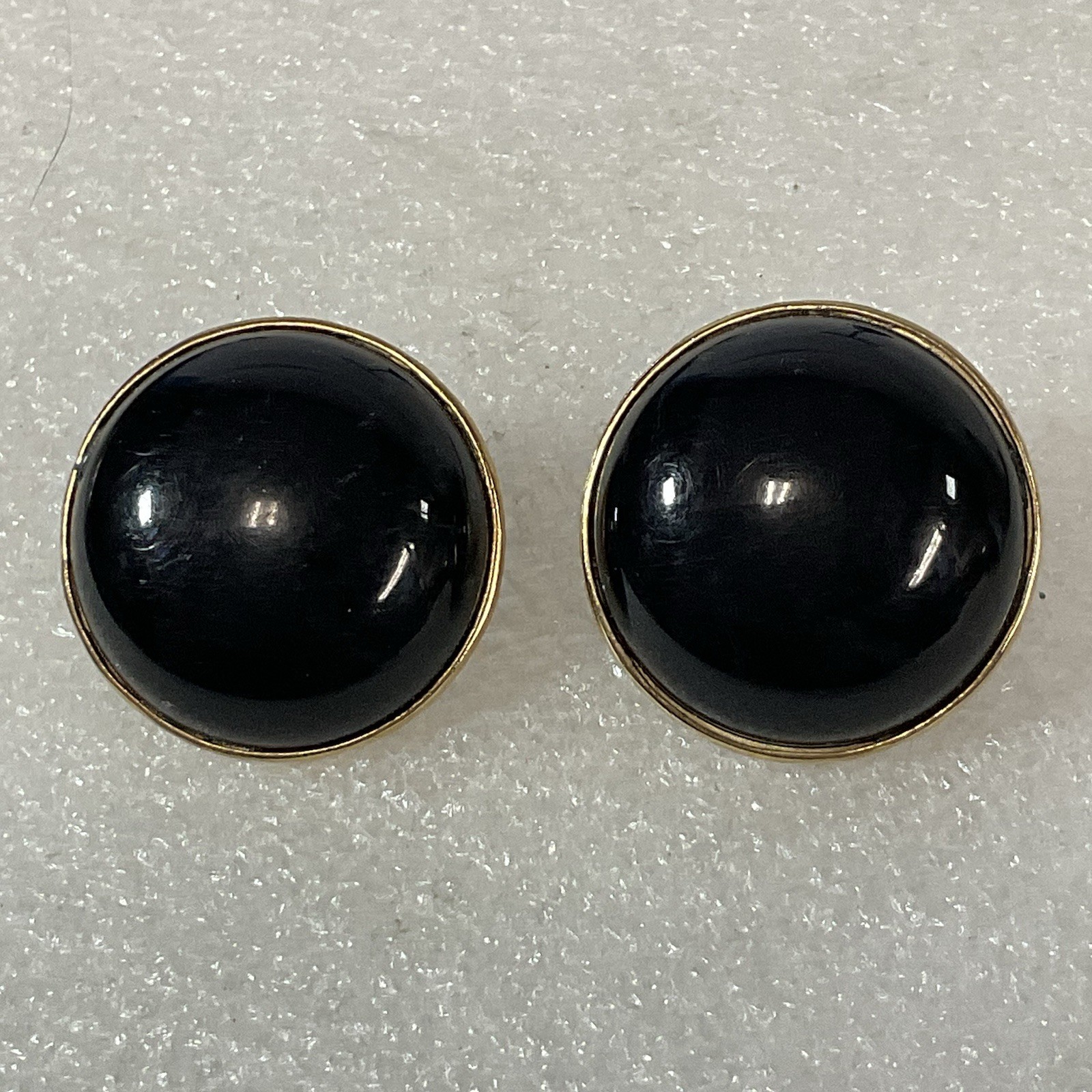 Vintage Trifari Black Cabochon Button Clip On Earrings Gold Tone Round - Image 1