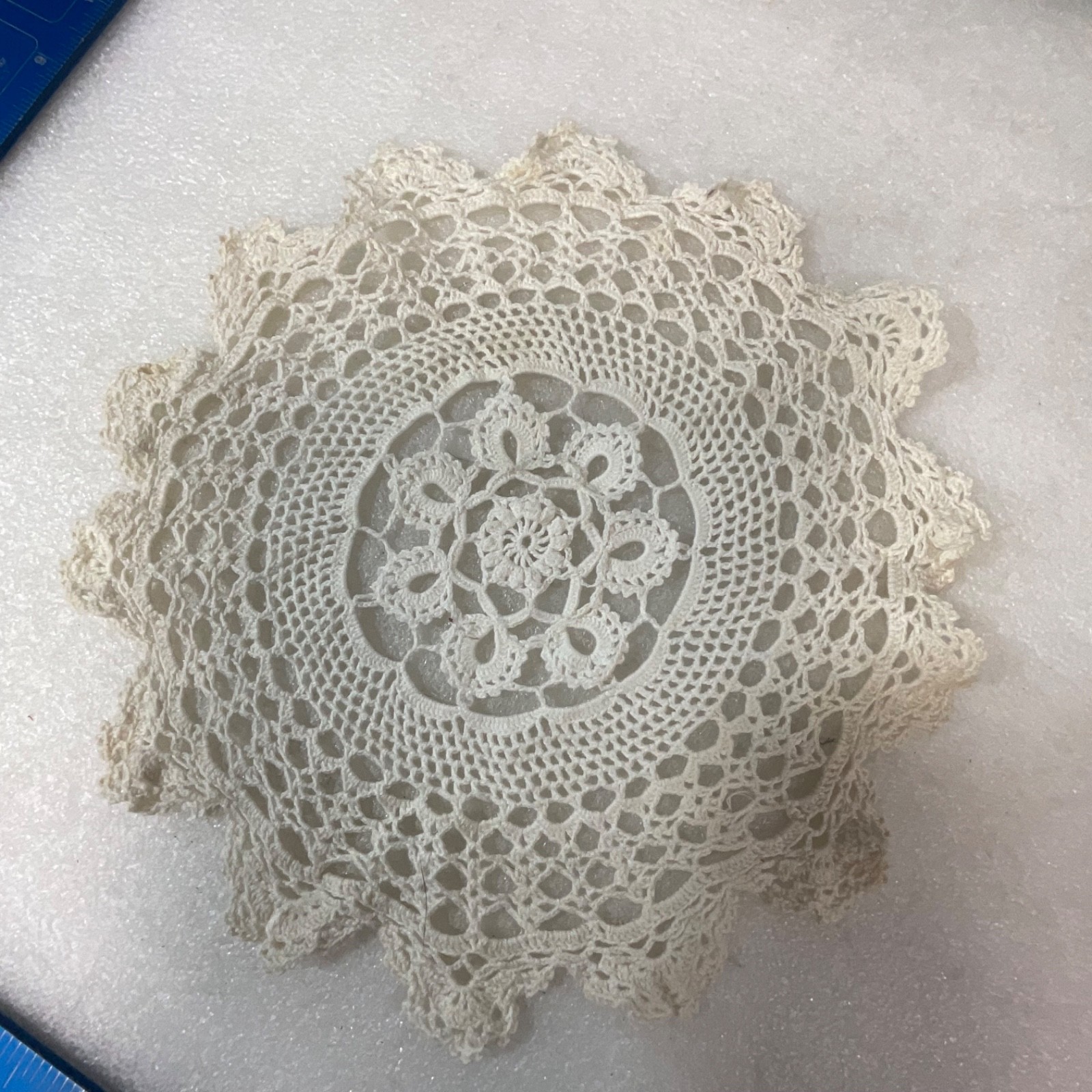 Off White Lace Doily 10in Round Crochet Style Floral Table Decor Stained - Image 1