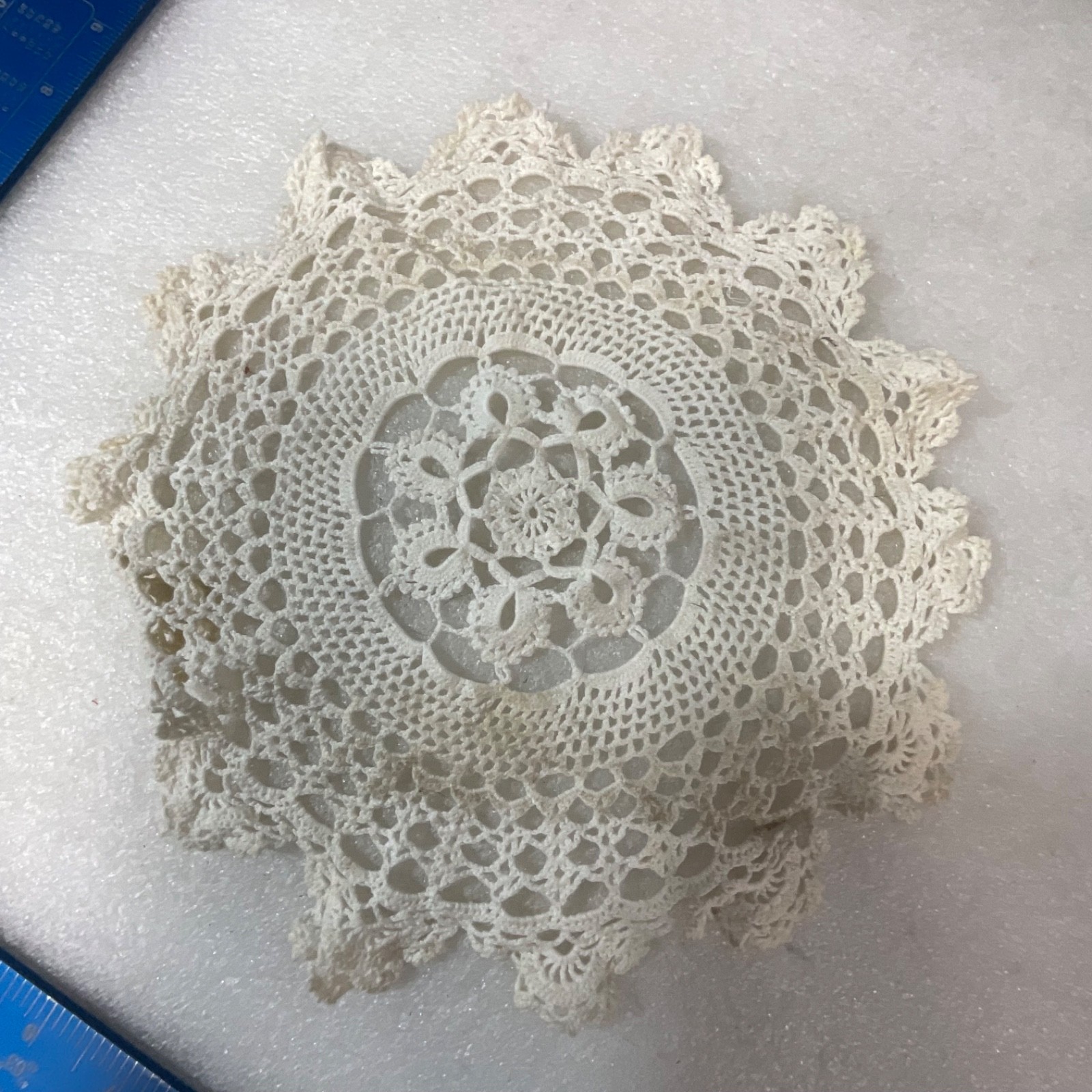Off White Lace Doily 10in Round Crochet Style Floral Table Decor Stained - Image 2