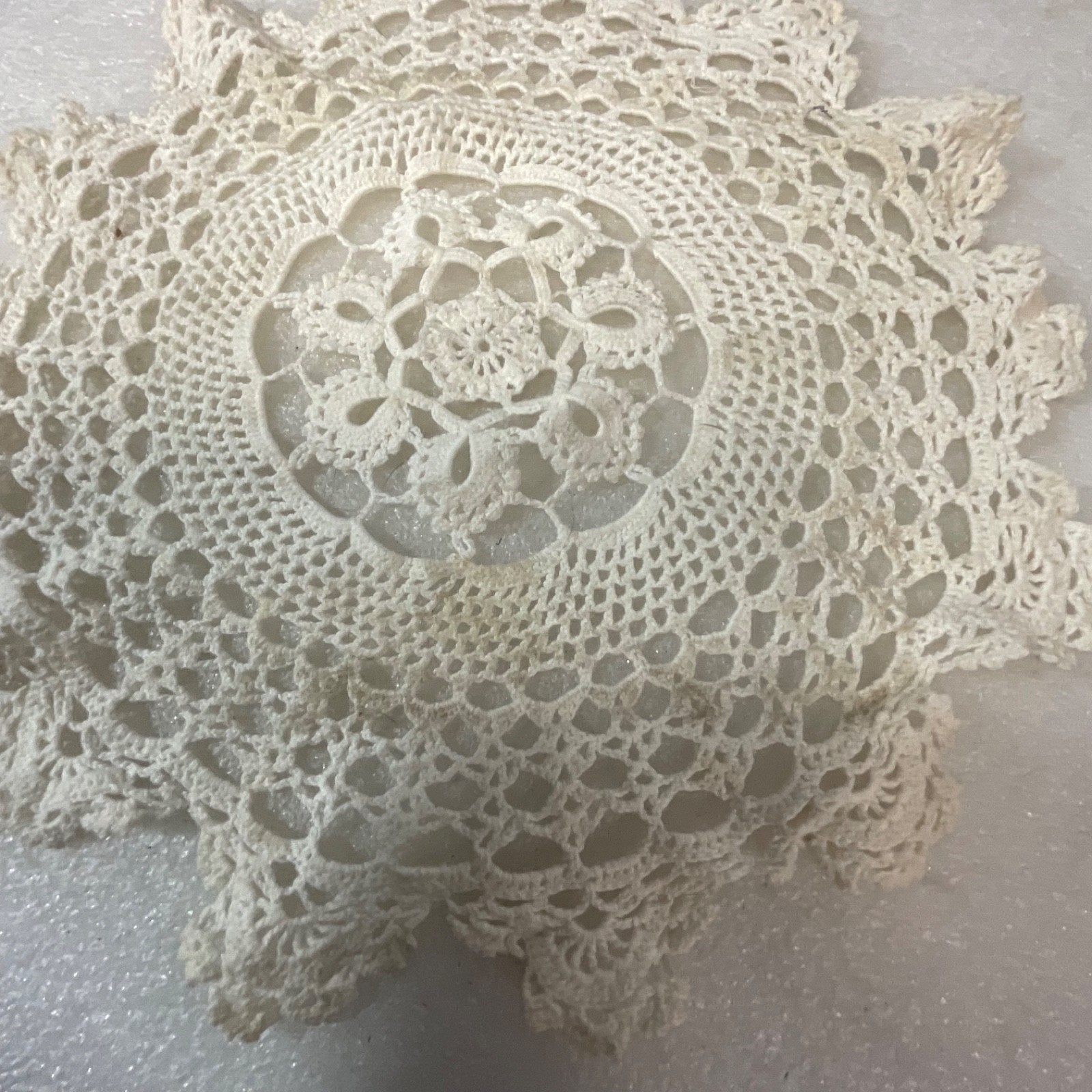 Off White Lace Doily 10in Round Crochet Style Floral Table Decor Stained - Image 3