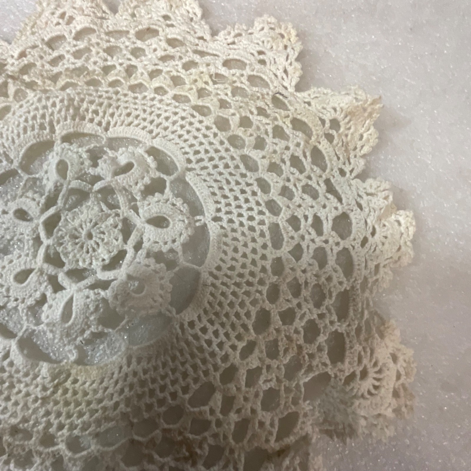 Off White Lace Doily 10in Round Crochet Style Floral Table Decor Stained - Image 4