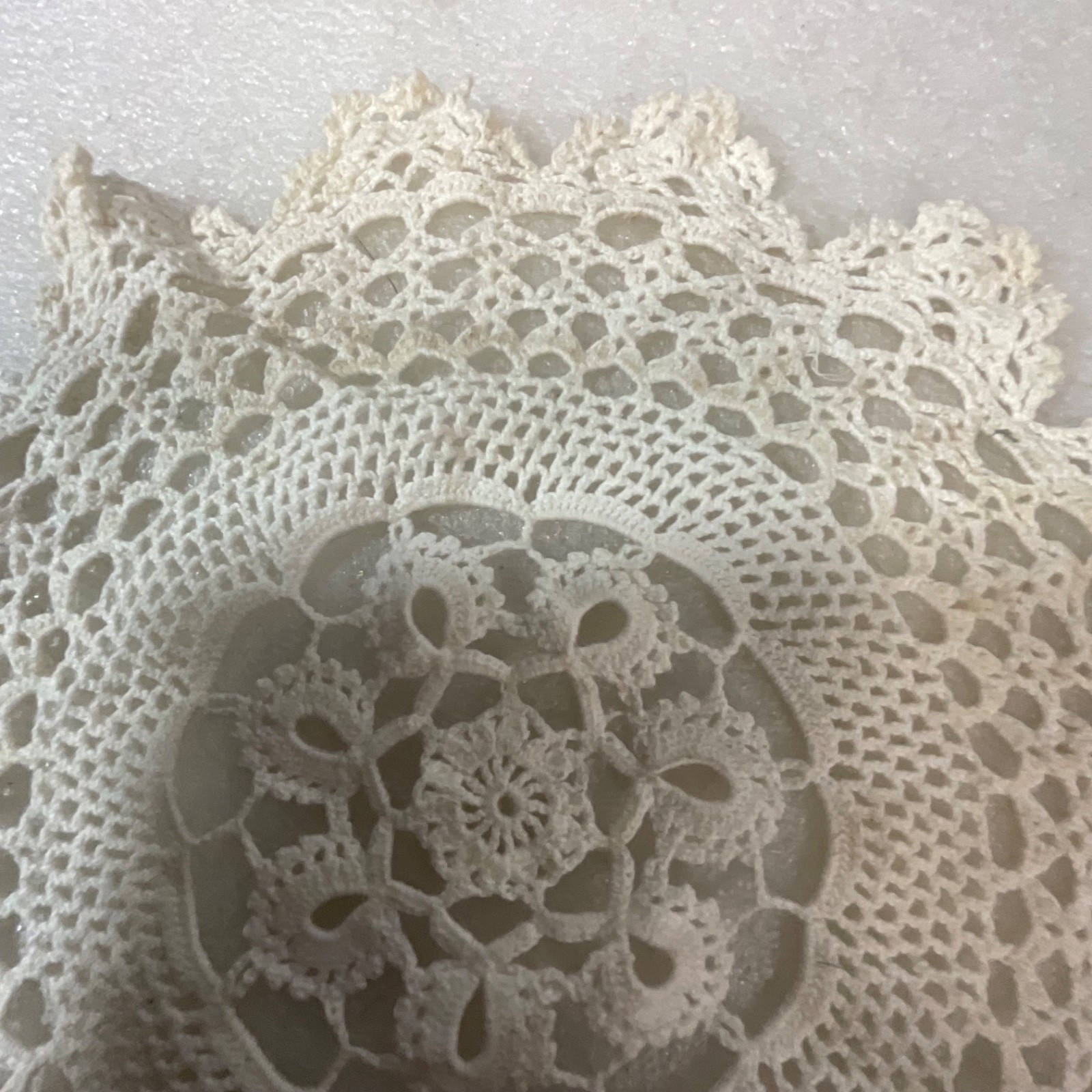 Off White Lace Doily 10in Round Crochet Style Floral Table Decor Stained - Image 5