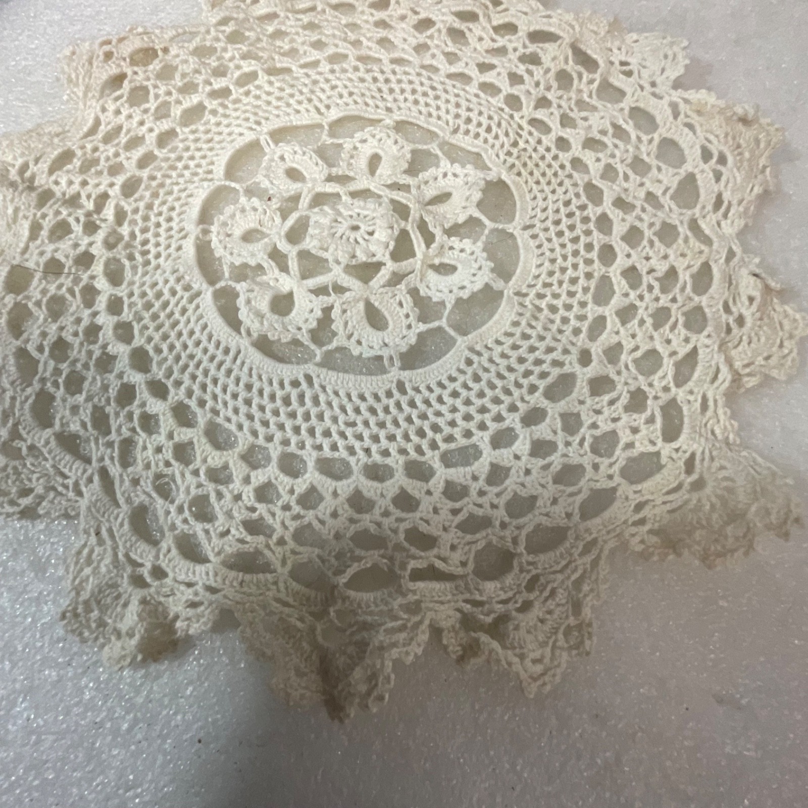 Off White Lace Doily 10in Round Crochet Style Floral Table Decor Stained - Image 7