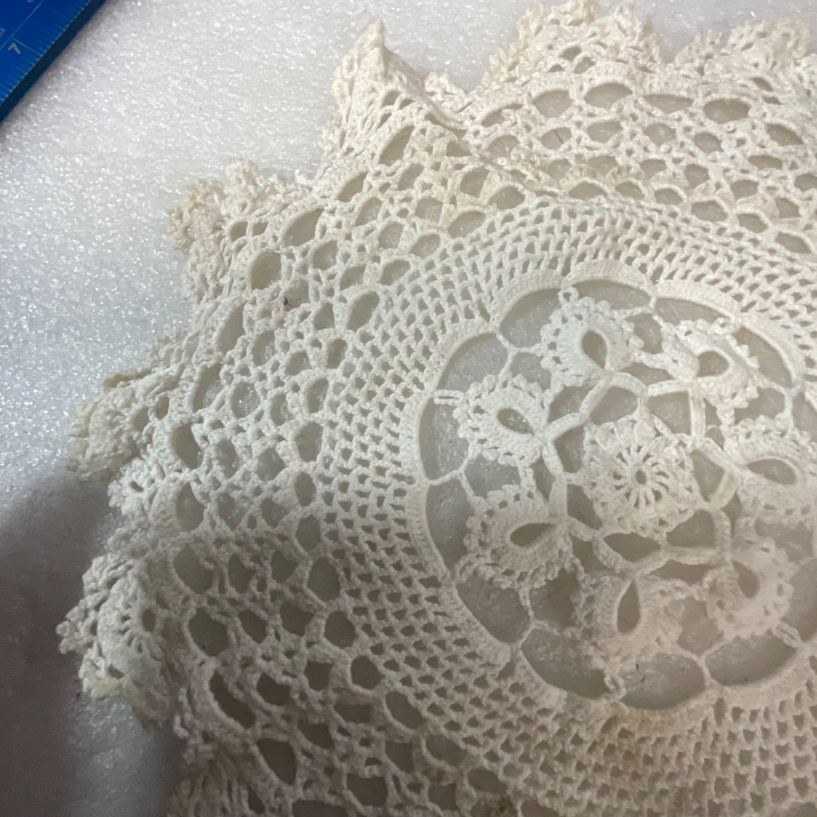 Off White Lace Doily 10in Round Crochet Style Floral Table Decor Stained - Image 6