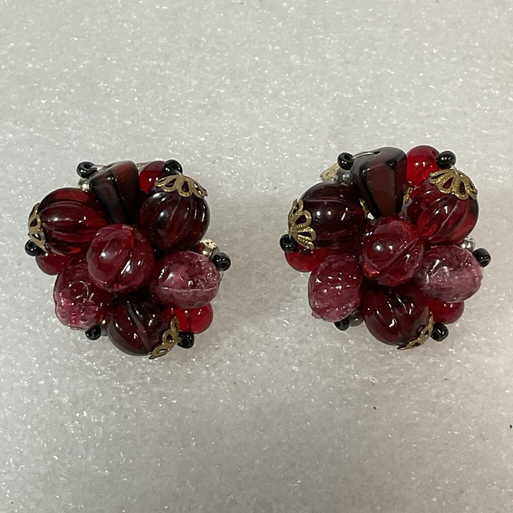 Vintage West Germany Red Cluster Glass Bead Clip On Earrings 1950s - Image 1