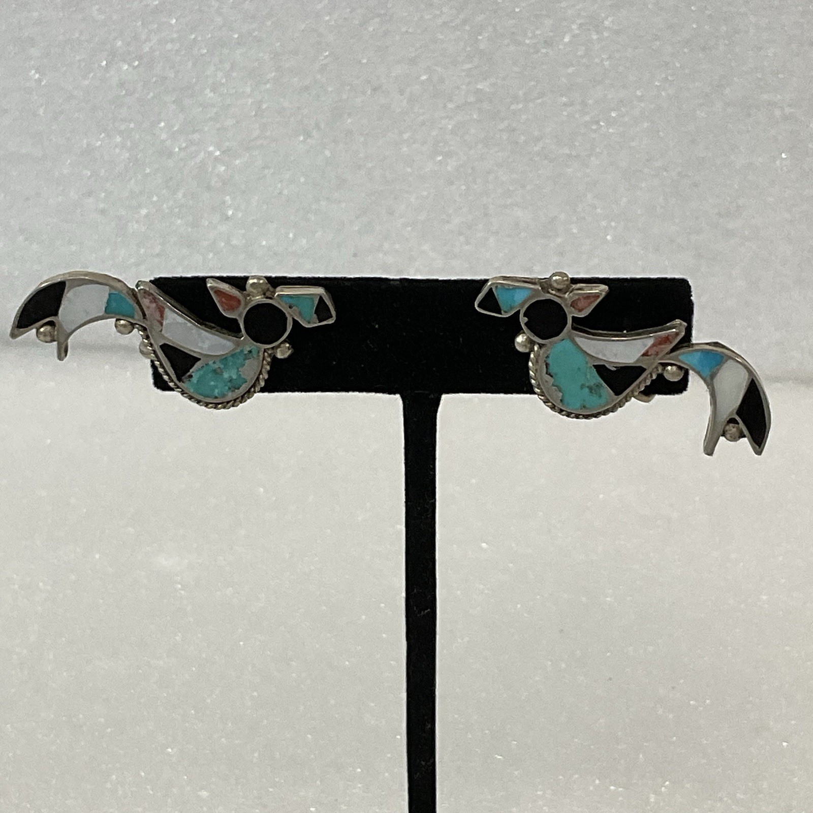 Vintage Sterling Turquoise Onyx Inlay Bird Earrings Screw Back Southwest - Image 2