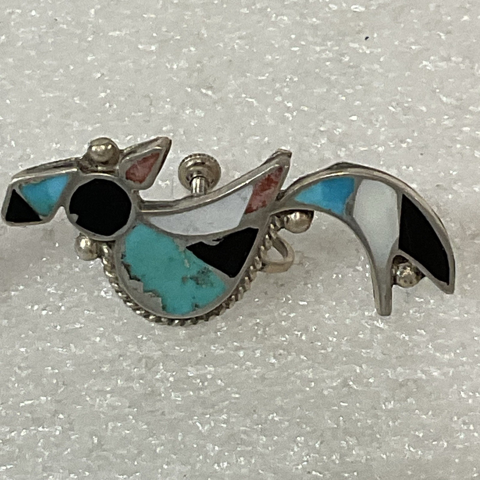 Vintage Sterling Turquoise Onyx Inlay Bird Earrings Screw Back Southwest - Image 4